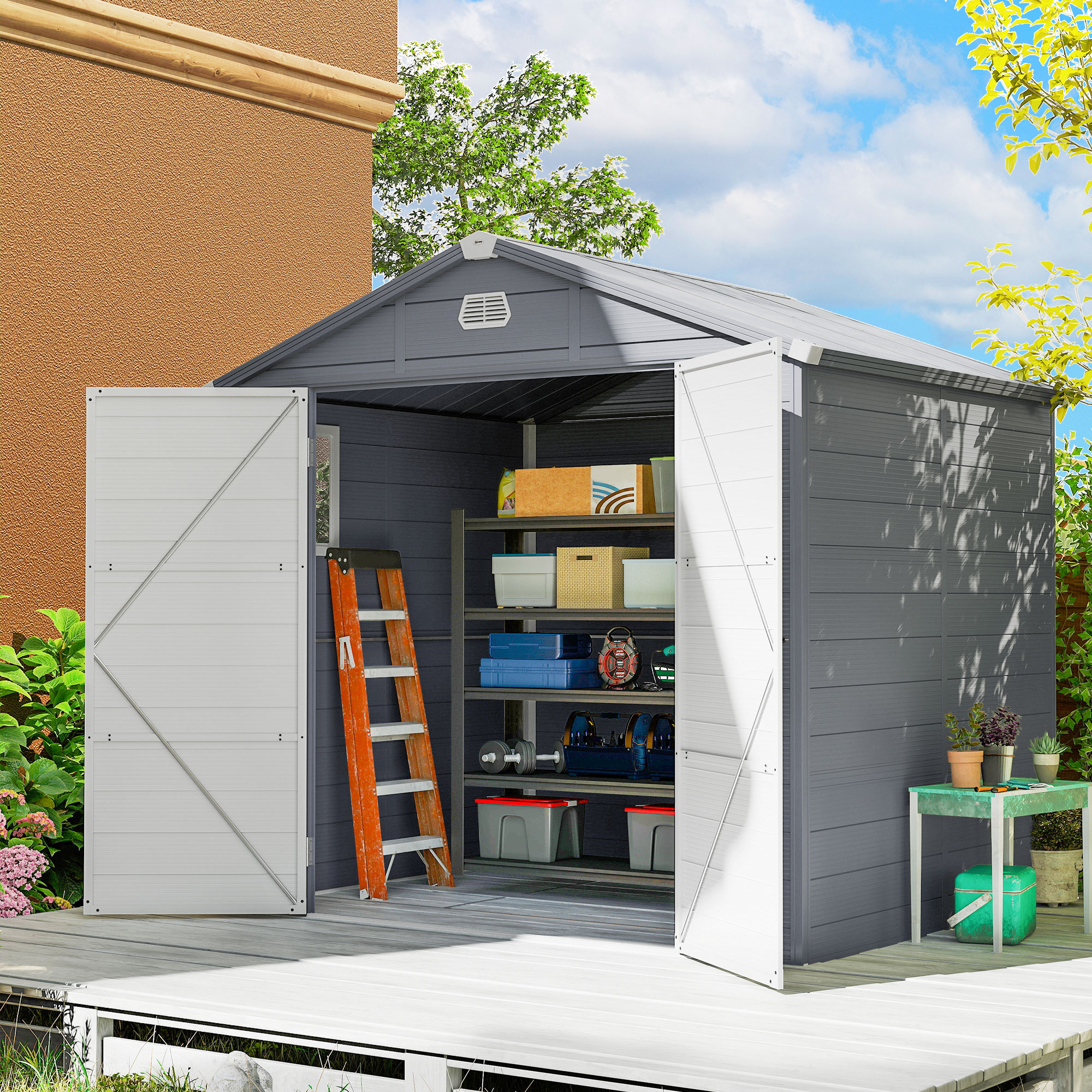 Outsunny 8x6 Plastic Garden Shed with Sloped Roof, Dark Grey