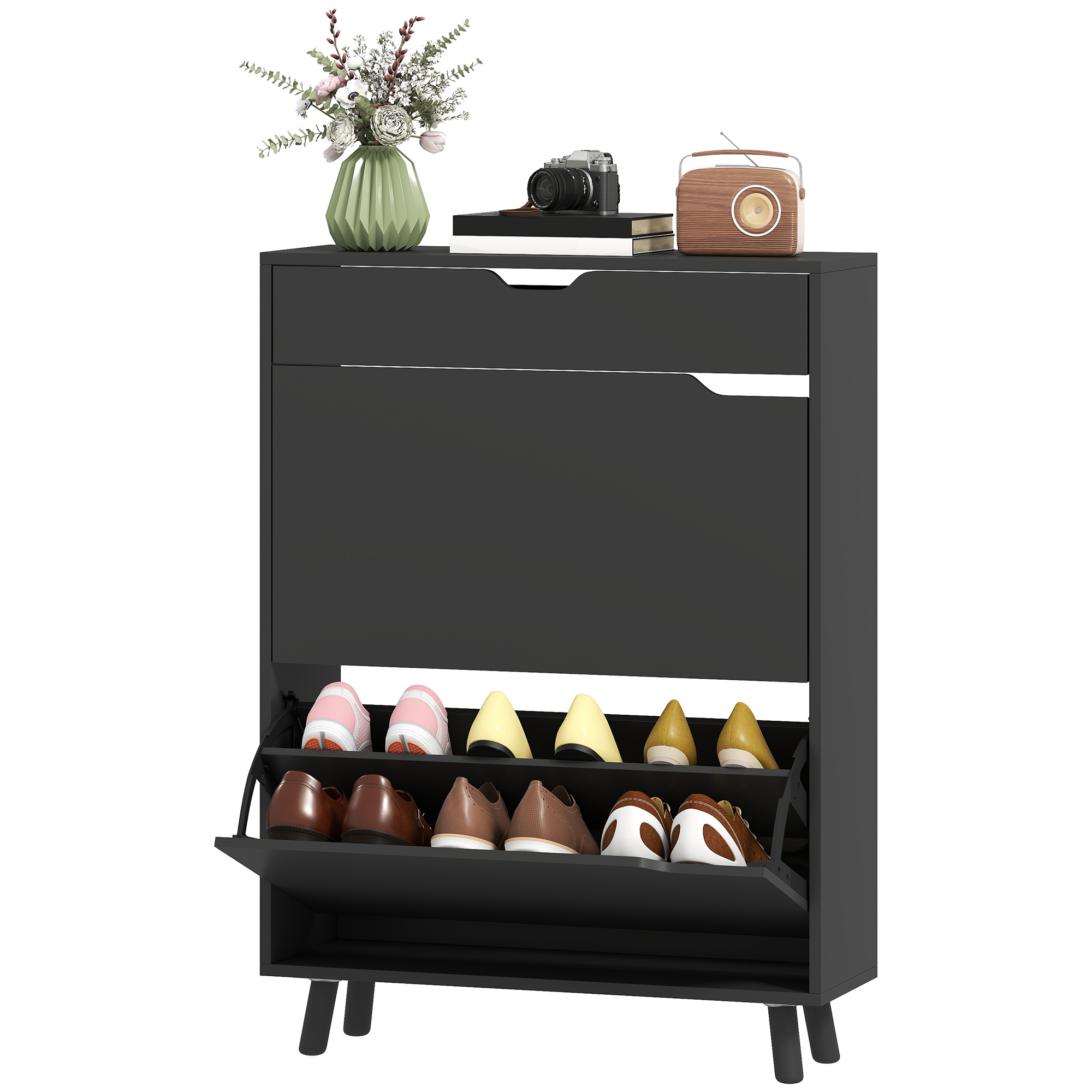 Top Organizer Drawer and Adjustable-Height Shelves for 12 Pairs of Shoes, Narrow Footwear Organizer Unit for Entryway with 2 Flip Drawers, Black 1