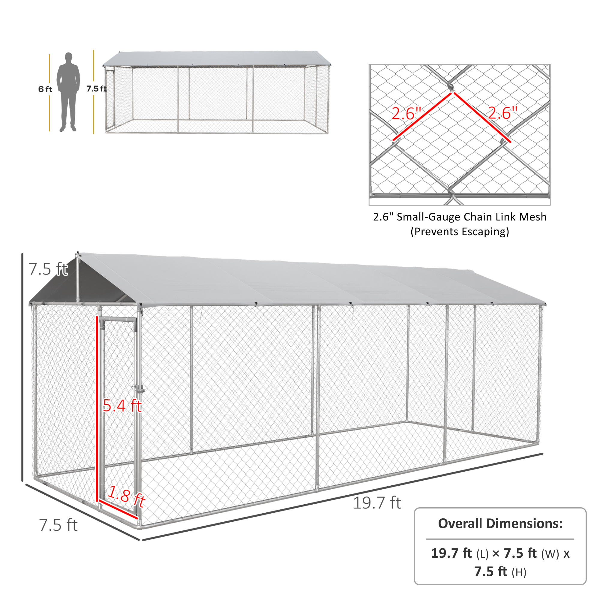PawHut Large Outdoor Dog Kennel with Roof UV Resistant, Silver