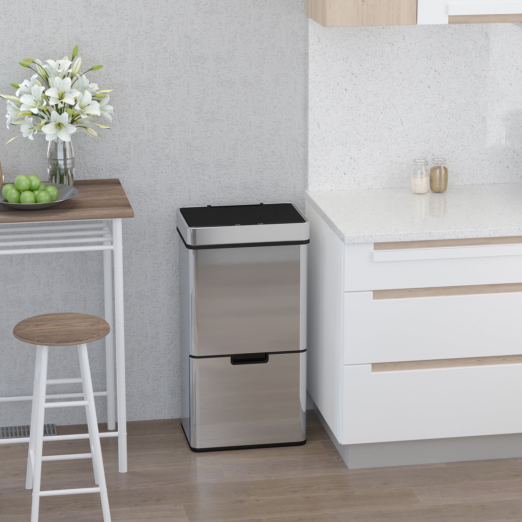 HOMCOM Automatic Trash Can with 3 Compartments, Removable Inner Buckets, 19 Gallon Stainless Steel Kitchen Garbage Can, Silver Aosom Canada