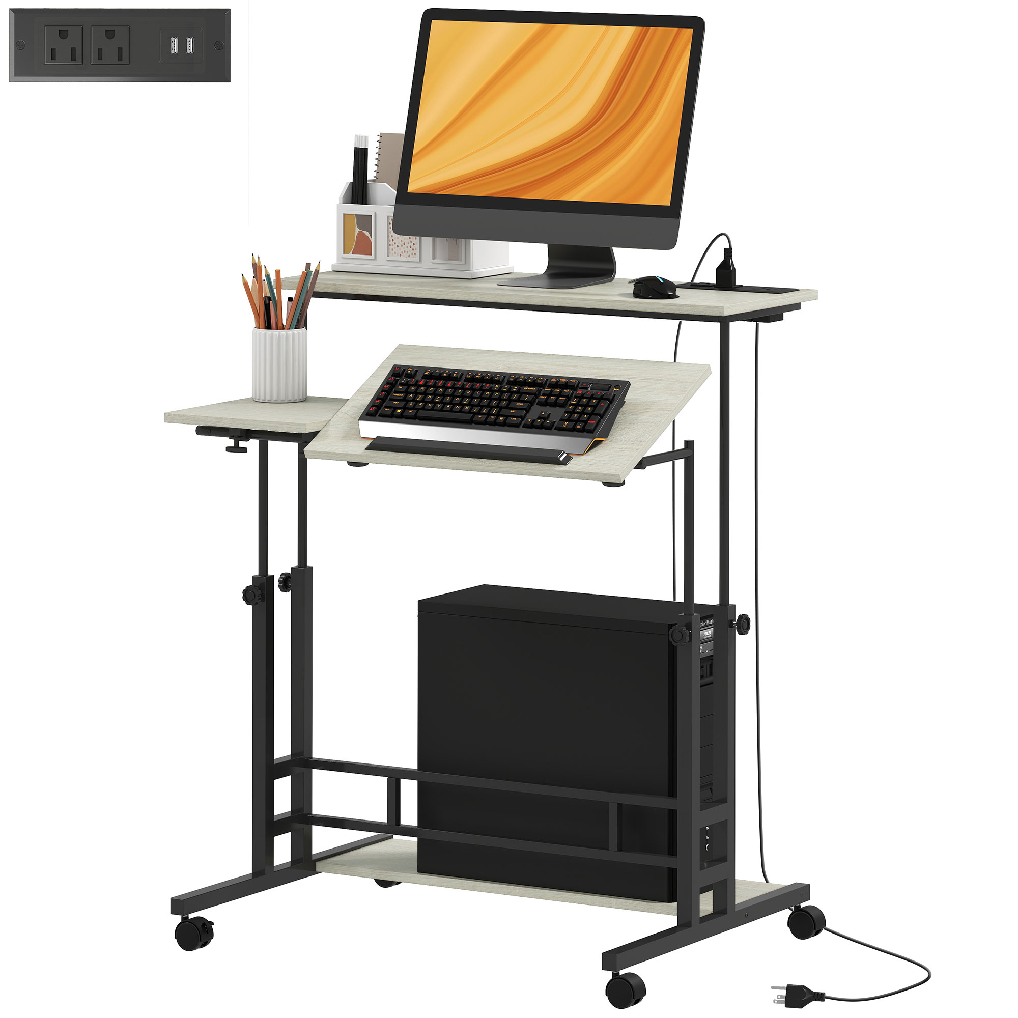 HOMCOM Adjustable Standing Desk with Power Outlets, Stand Up Desk with Tiltable Tabletop, Wheels, Shelf, for Home Office, Oak
