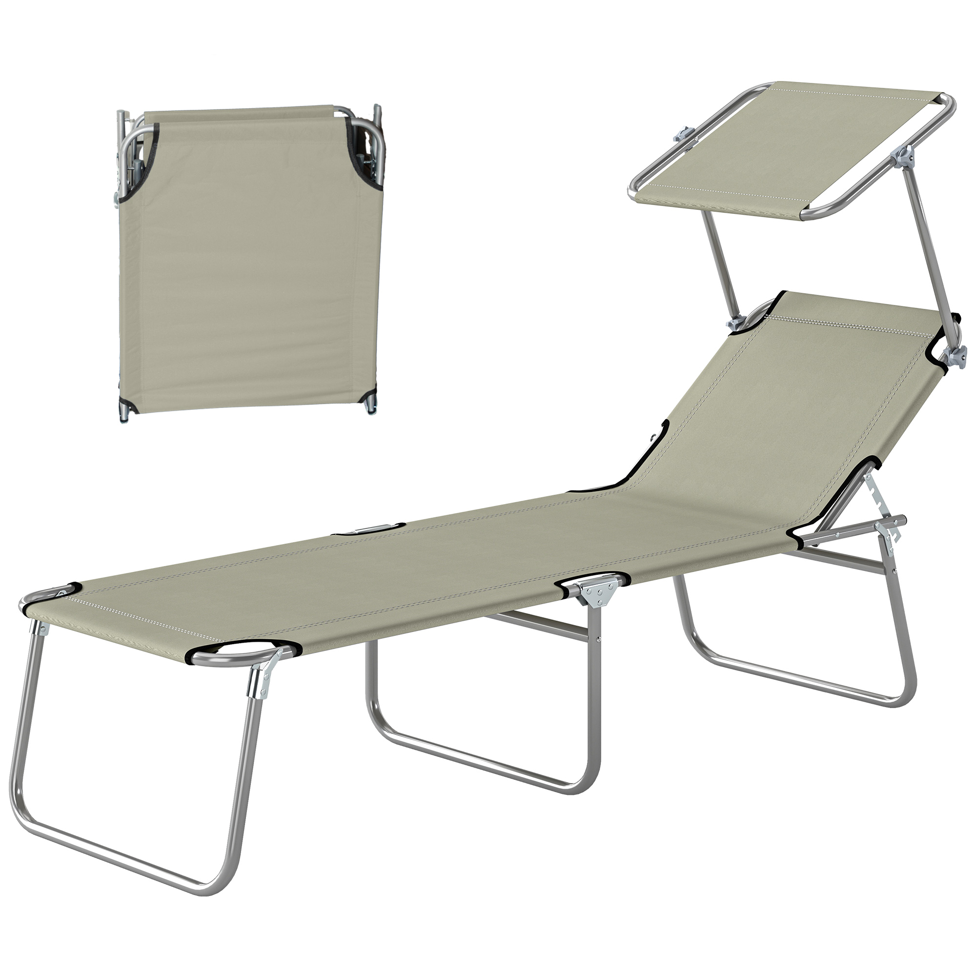 Outsunny Outdoor Pool Chaise Lounge Chair, Folding Tanning Chair with Sun Shade, Cream White