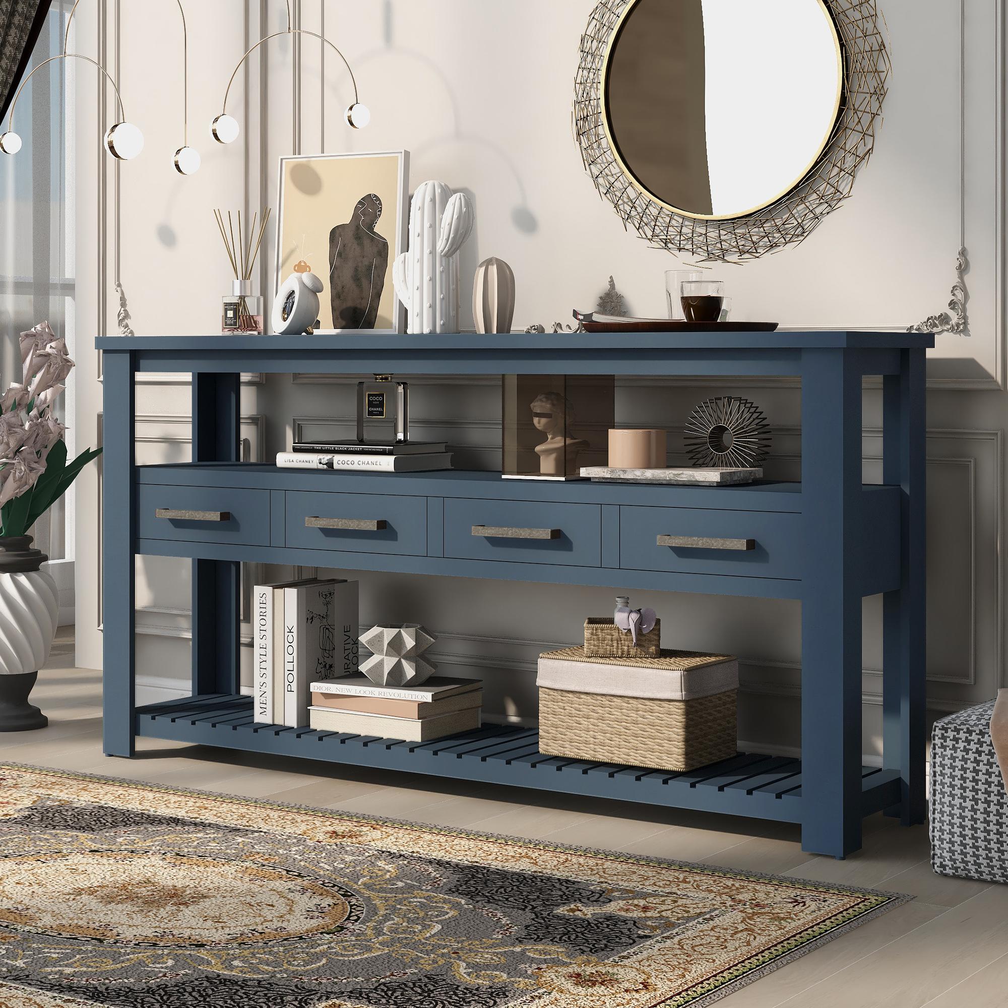 Large Entryway Console with 4 Drawers and 3-Tier Shelves, Versatile Table with Adjustable Feet, 62'' L x 14'' W x 32'' H, Navy Blue | Aosom Canada