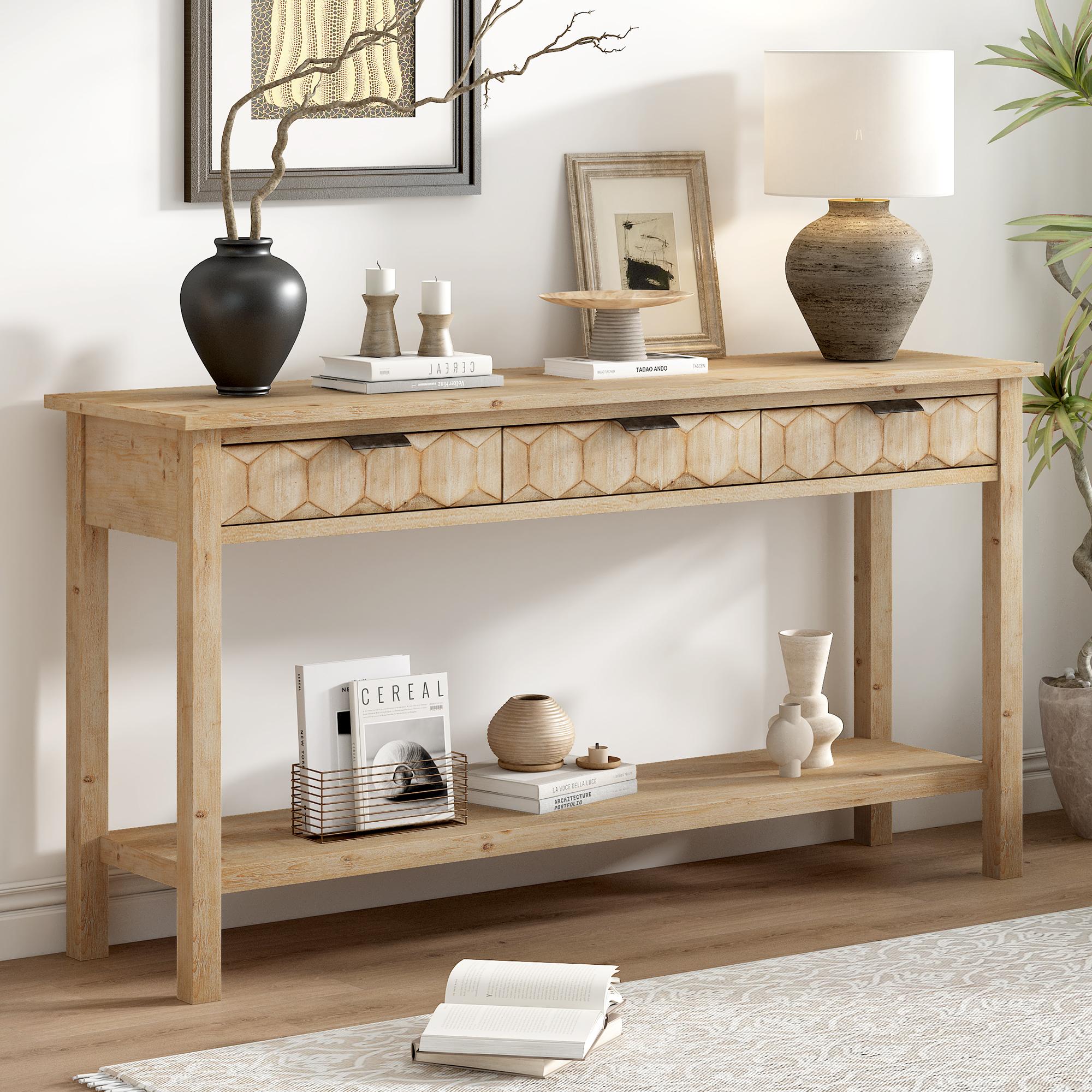 Modern Entryway Table with Bottom Shelf, Iron Handles, Multi-Functional Console with Wide Surface, 60'' L x 15.5'' W x 31'' H, Natural  | Aosom Canada
