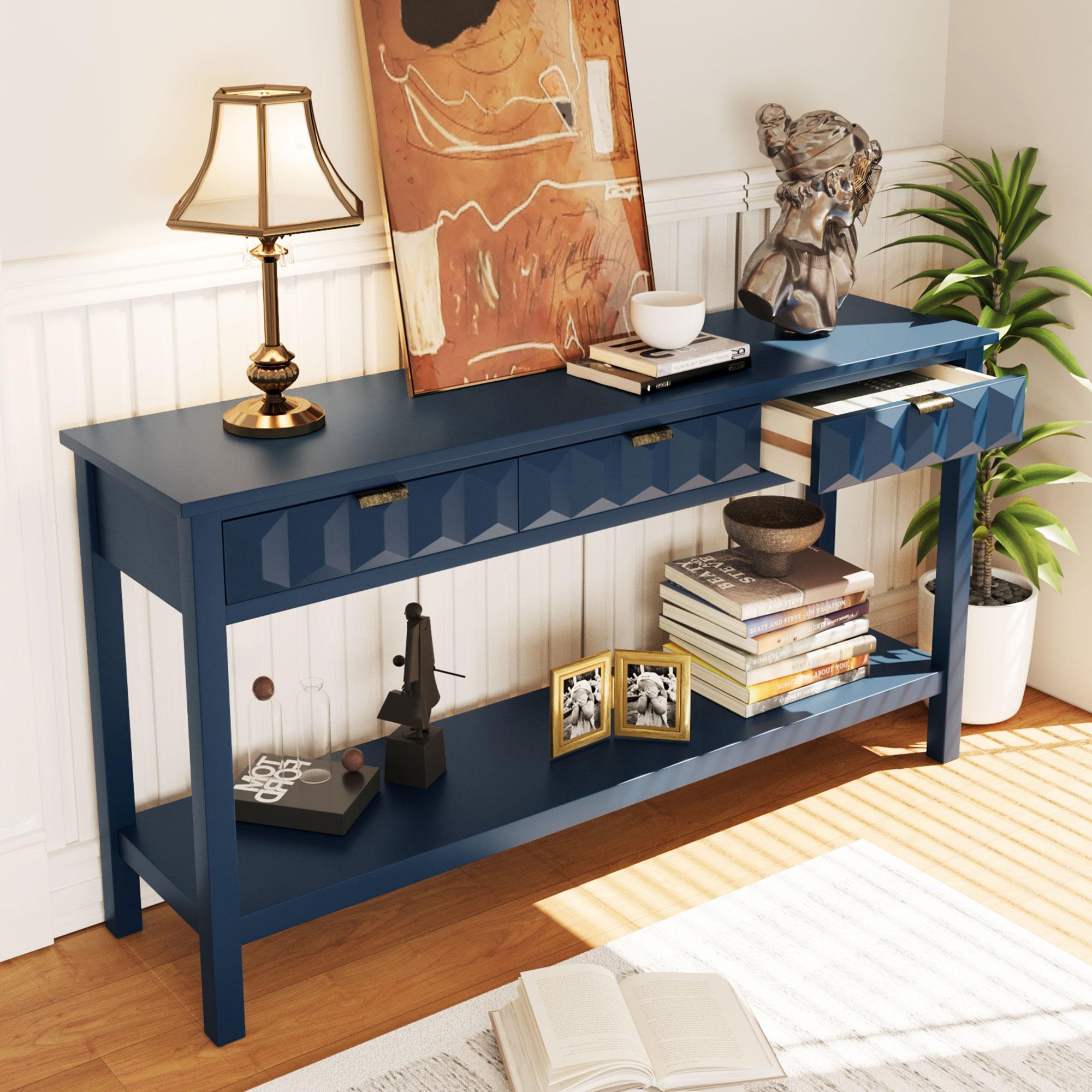 Modern Entryway Table with Bottom Shelf, Iron Handle, Multi-Functional Console with Wide Surface, 60'' L x 15.5'' W x 31'' H, Navy Blue | Aosom Canada
