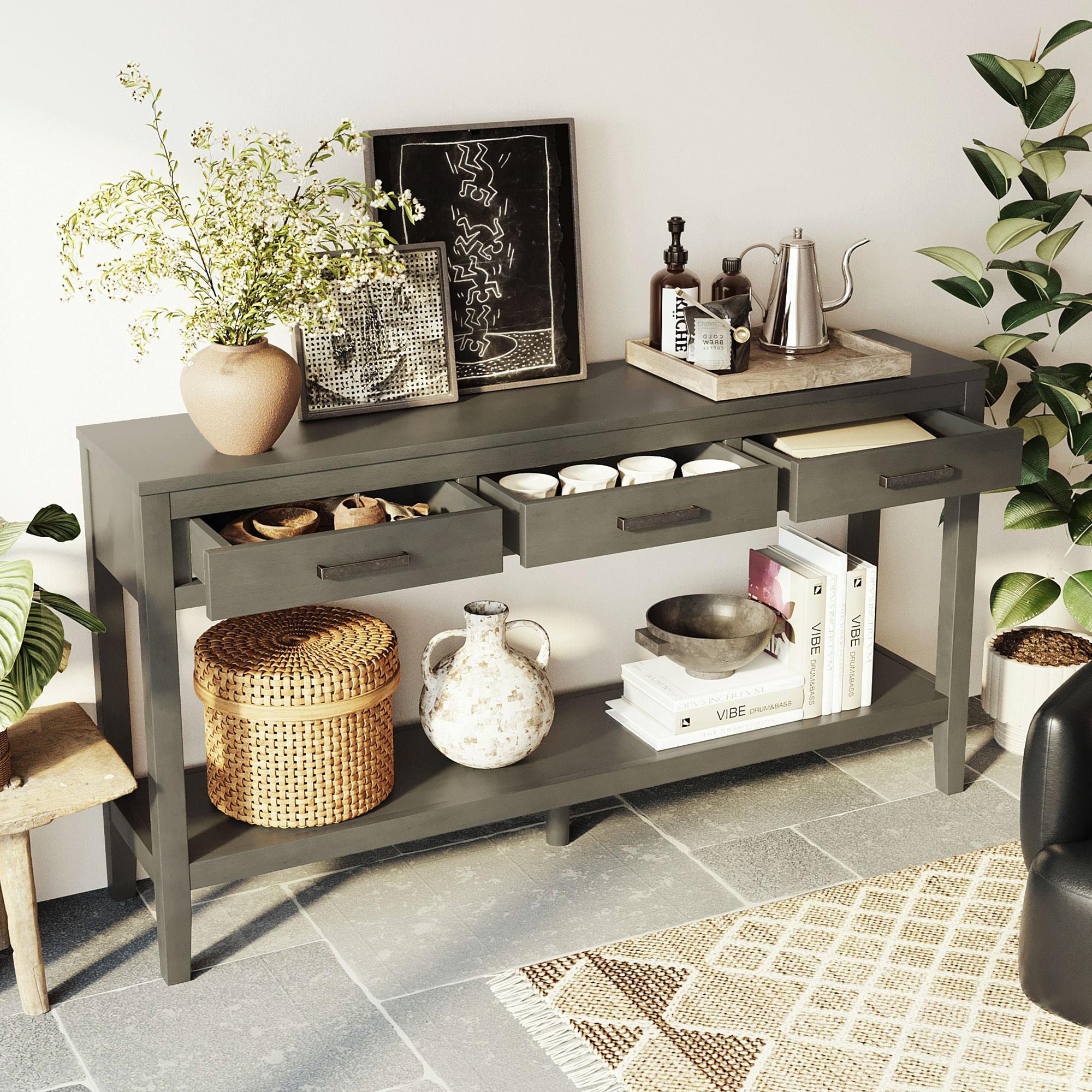 Farmhouse Entryway Table with Wide Top and Open Bottom Shelf, Minimalist Console with Adjustable Feet, 59'' L x 14'' W x 31.5'' H, Gray Aosom Canada