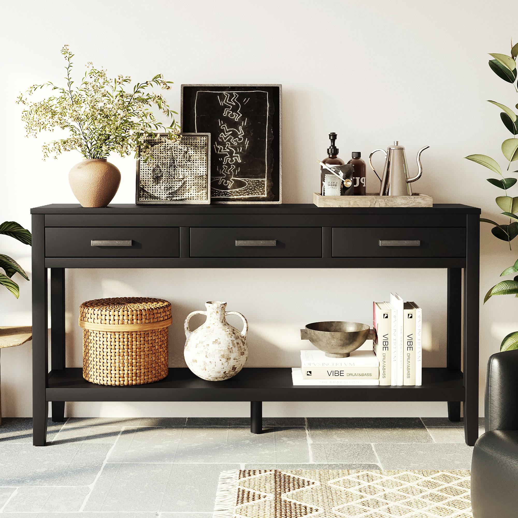 Farmhouse Entryway Table with Wide Top, Open Bottom Shelf, Minimalist Console with Adjustable Feet, 59'' L x 14'' W x 31.5'' H, Black Aosom Canada