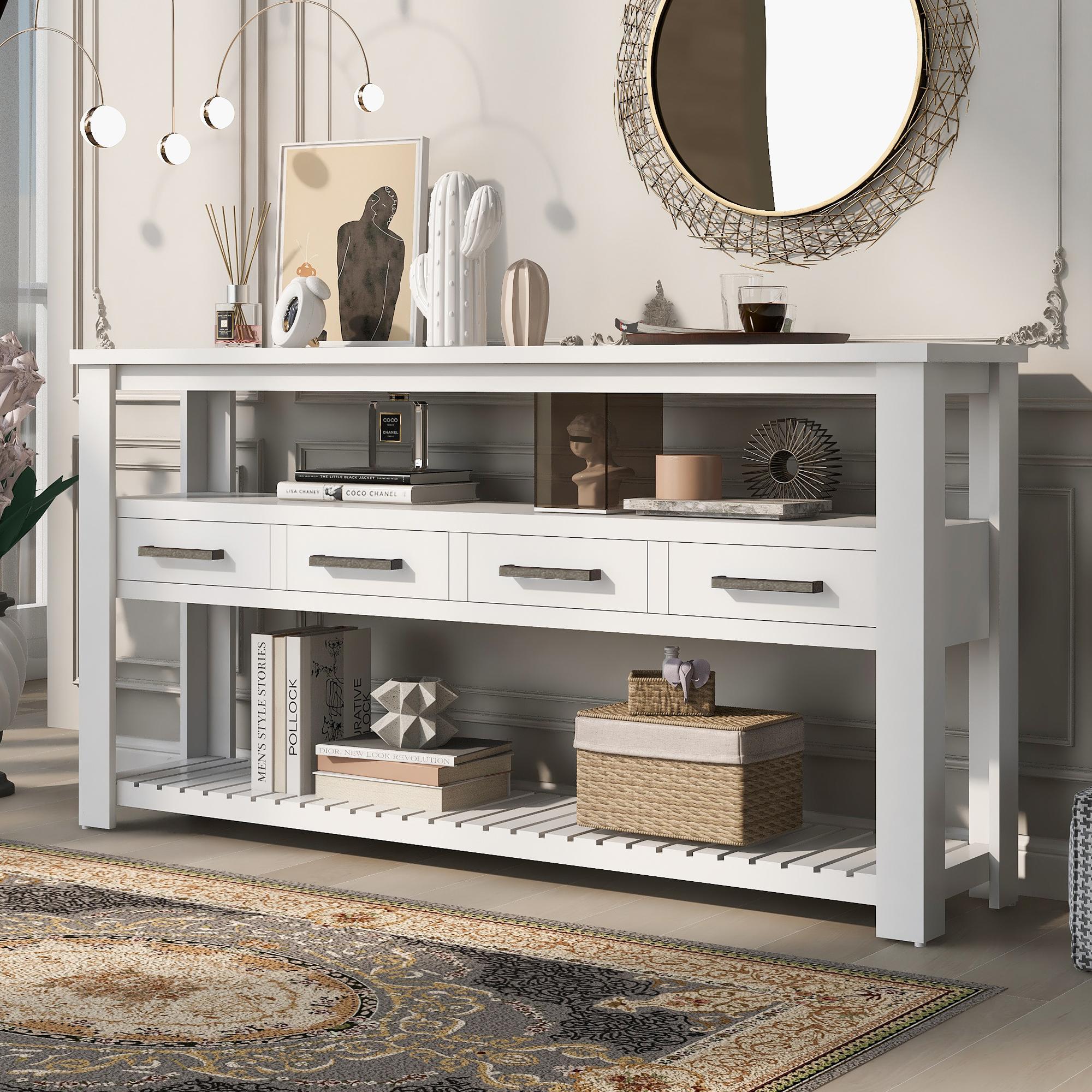 Large Entryway Console with 4 Drawers and 3-Tier Shelves, Sturdy Table with Metal Handles, 62'' L x 14'' W x 32'' H, White | Aosom Canada
