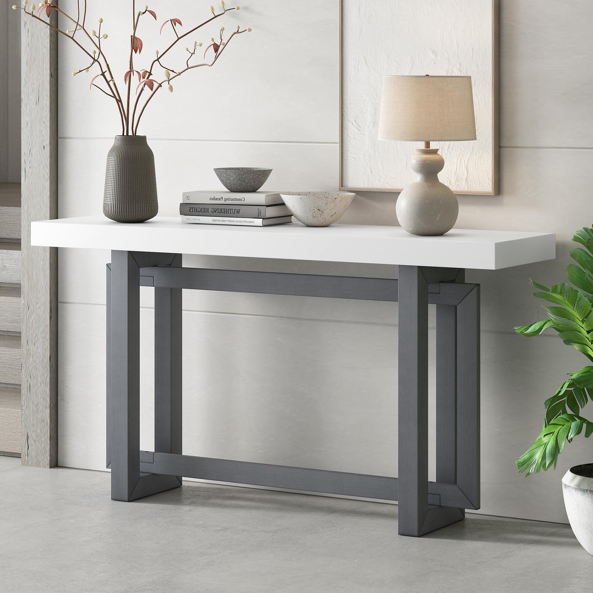 Modern Console with Pine Veneer Top and Solid Legs, Versatile Table with Adjustable Feet, 59'' L x 15.5'' W x 31.5'' H, Dark Gray+White Aosom Canada
