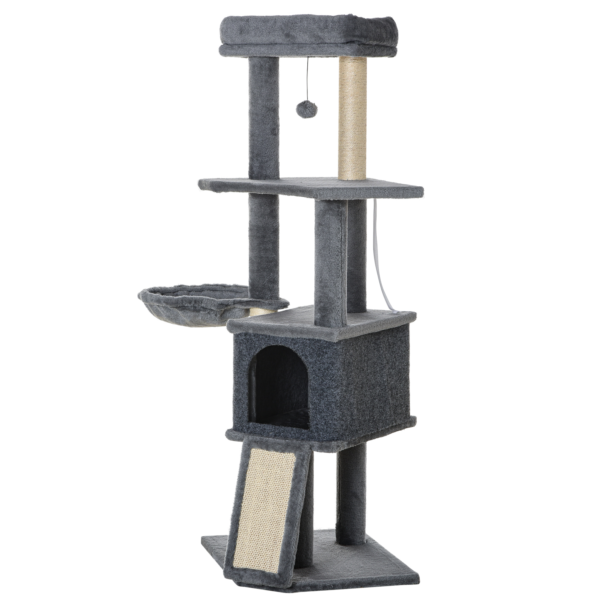 Multi-Level Feline Tower with Sisal Scratching Posts and Ramp, 50 Inch Feline Tree, Sleep, Condo, Hammock, Plaything Ball, Grey 1