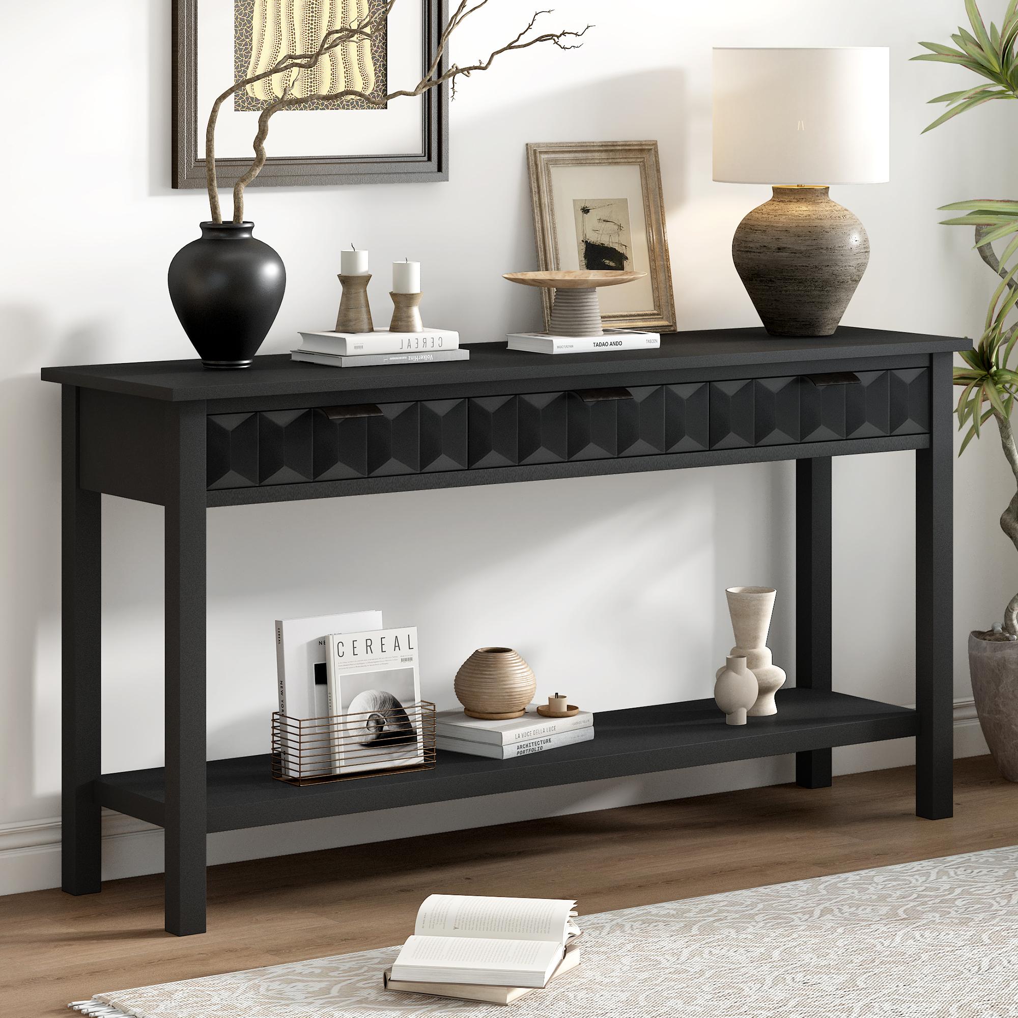 Modern Entryway Table with Bottom Shelf, Iron Handles, Multi-Functional Console with Wide Surface, 60'' L x 15.5'' W x 31'' H, Black | Aosom Canada