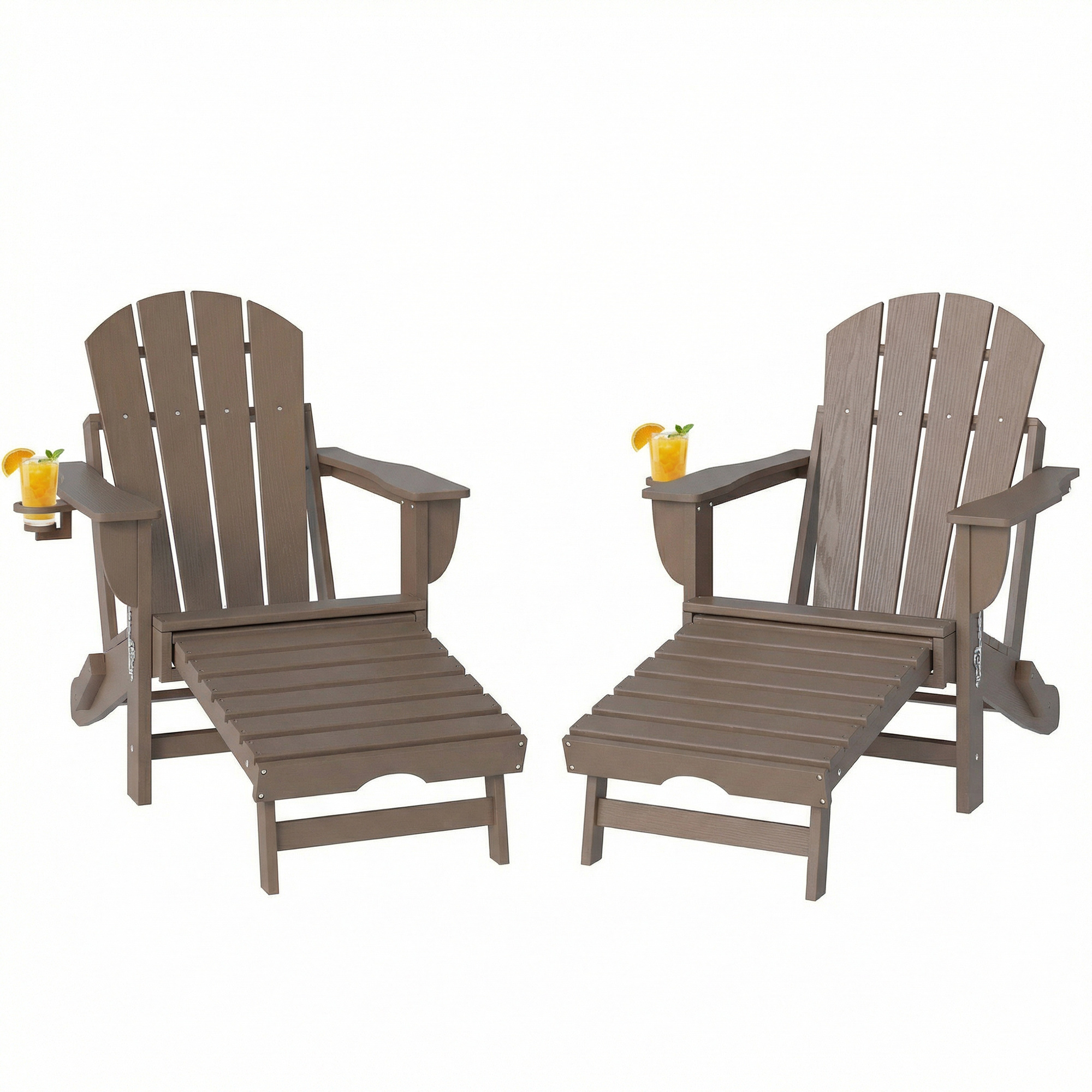 Outsunny Folding Adirondack Chair Set of 2, HDPE Fire Pit Chair with Retractable Ottoman and Cup Holder, Brown