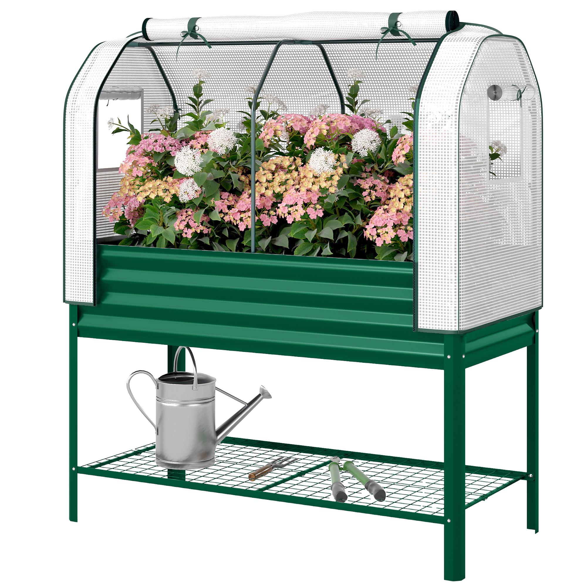 Outsunny Galvanised Raised Garden Bed with Greenhouse Cover, Metal Elevated Garden Bed with Bed Liner, Bottom Shelf, Green