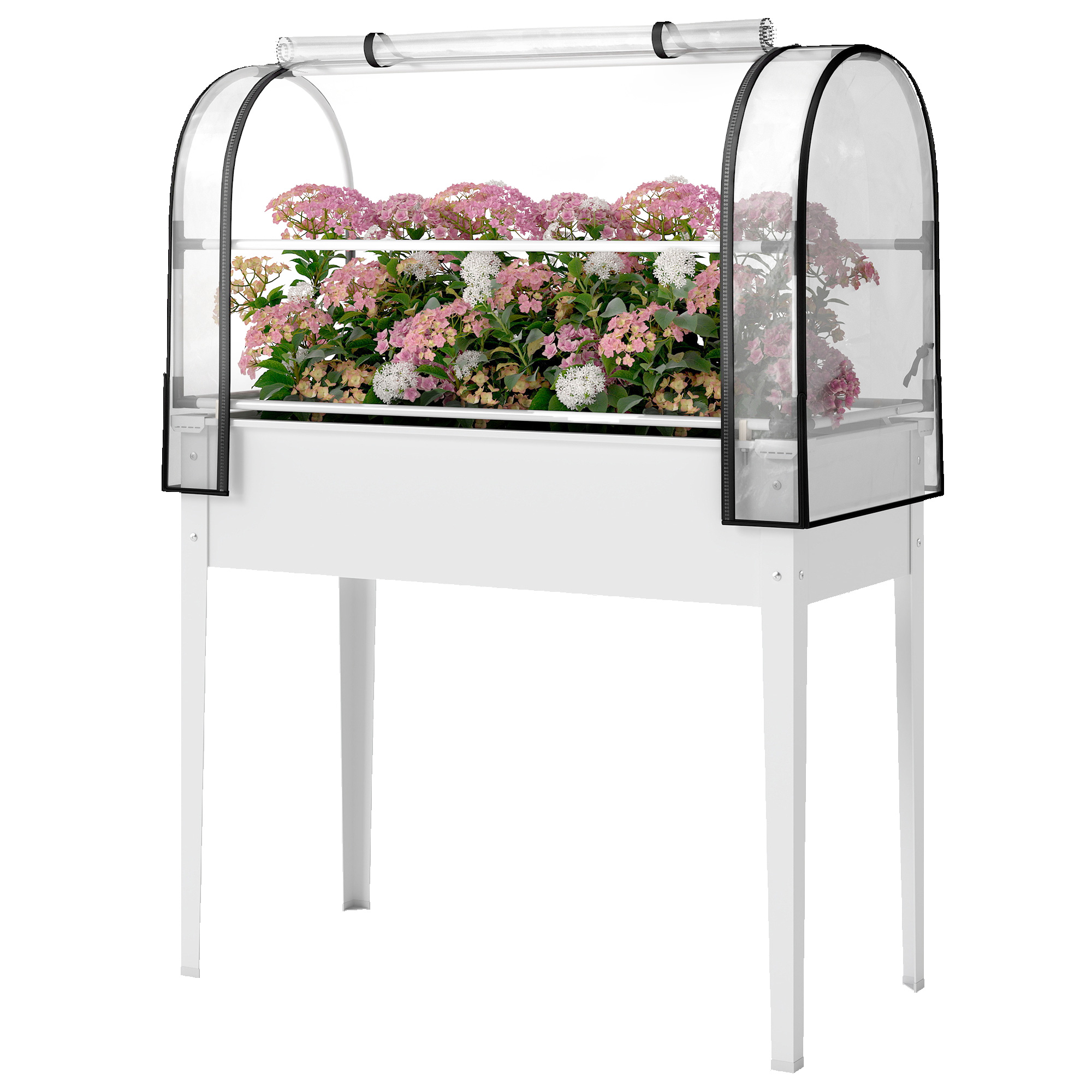 Outsunny Raised Garden Bed with Flip-Up Greenhouse Cover, Metal Elevated Garden Bed with Legs and Drainage Hole, White