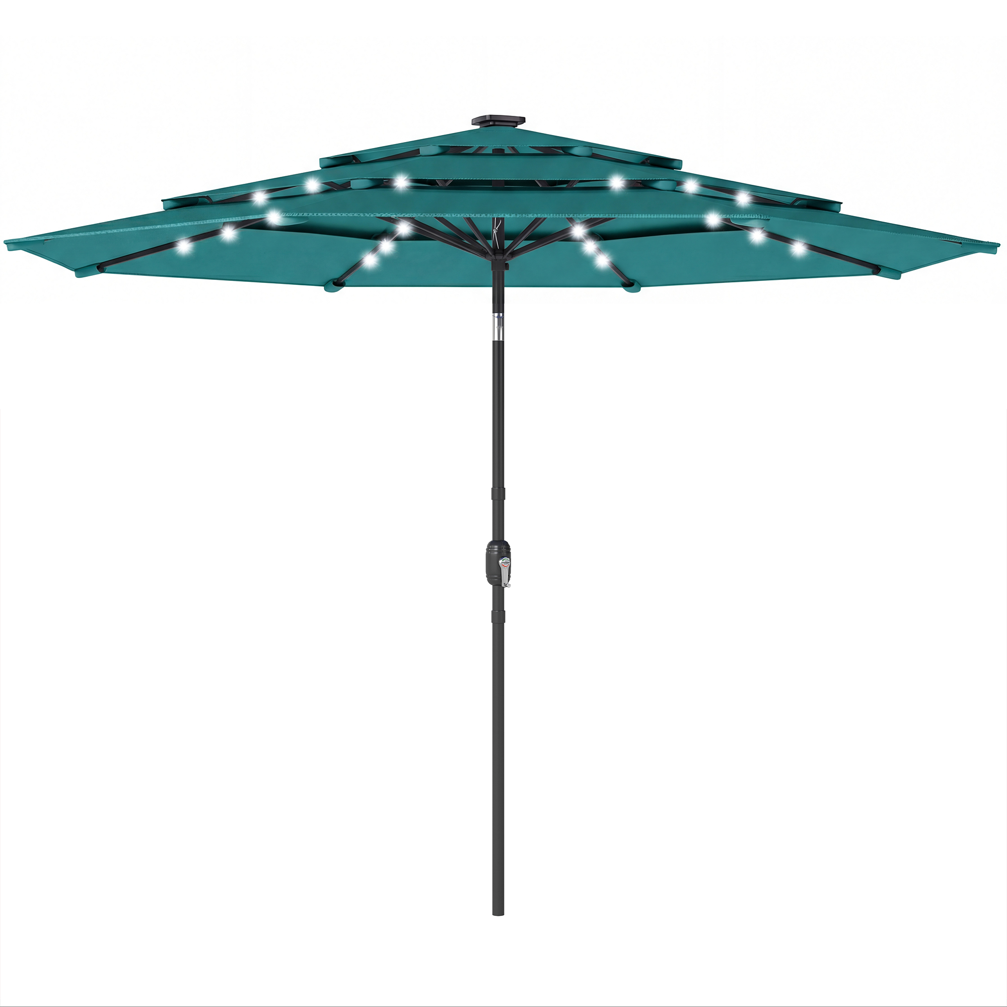 Outsunny 9.7 ft Outdoor Patio Umbrella with Solar LED Lights, 3 Tier Outdoor Table Umbrella with Tilt, Crank, Teal