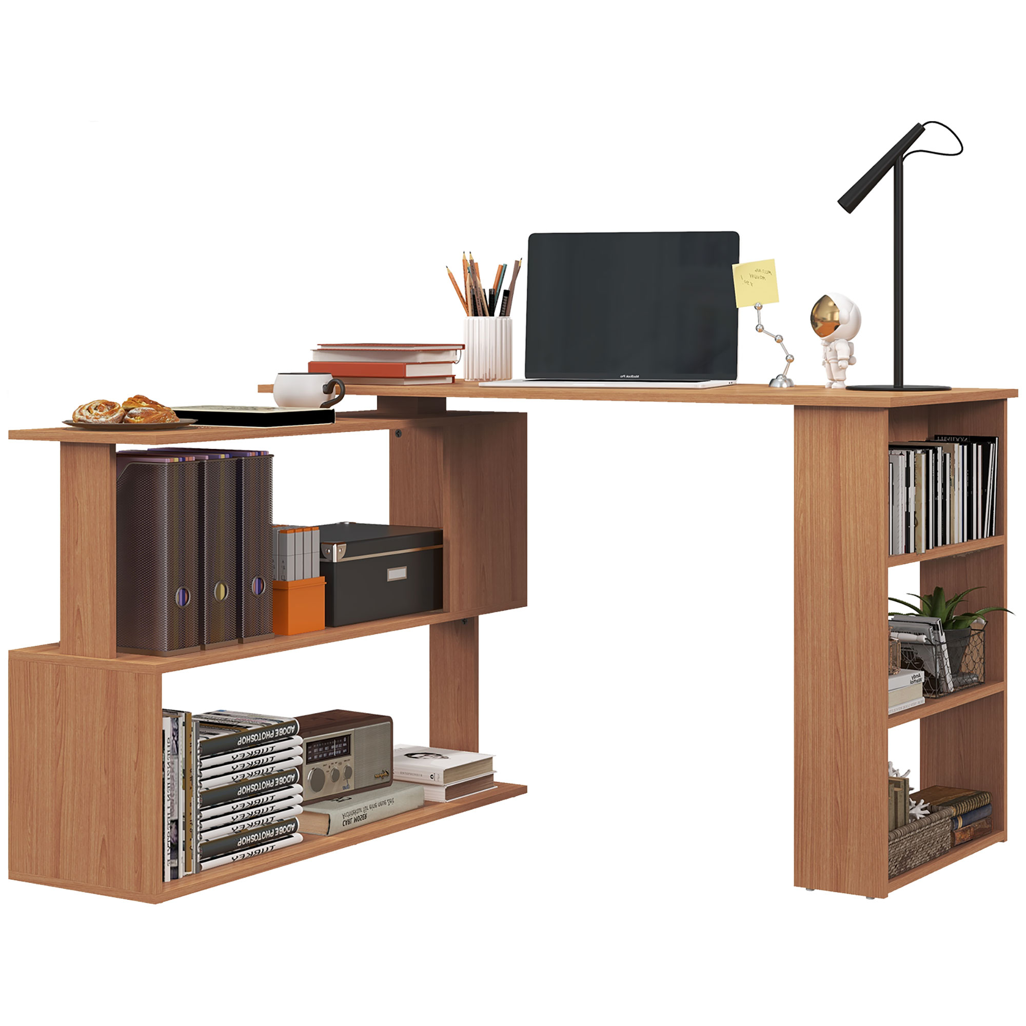 HOMCOM 360&deg; Rotating Home Office Desk L Shaped Corner Computer Desk with Storage Shelves, Writing Table Workstation, Teak