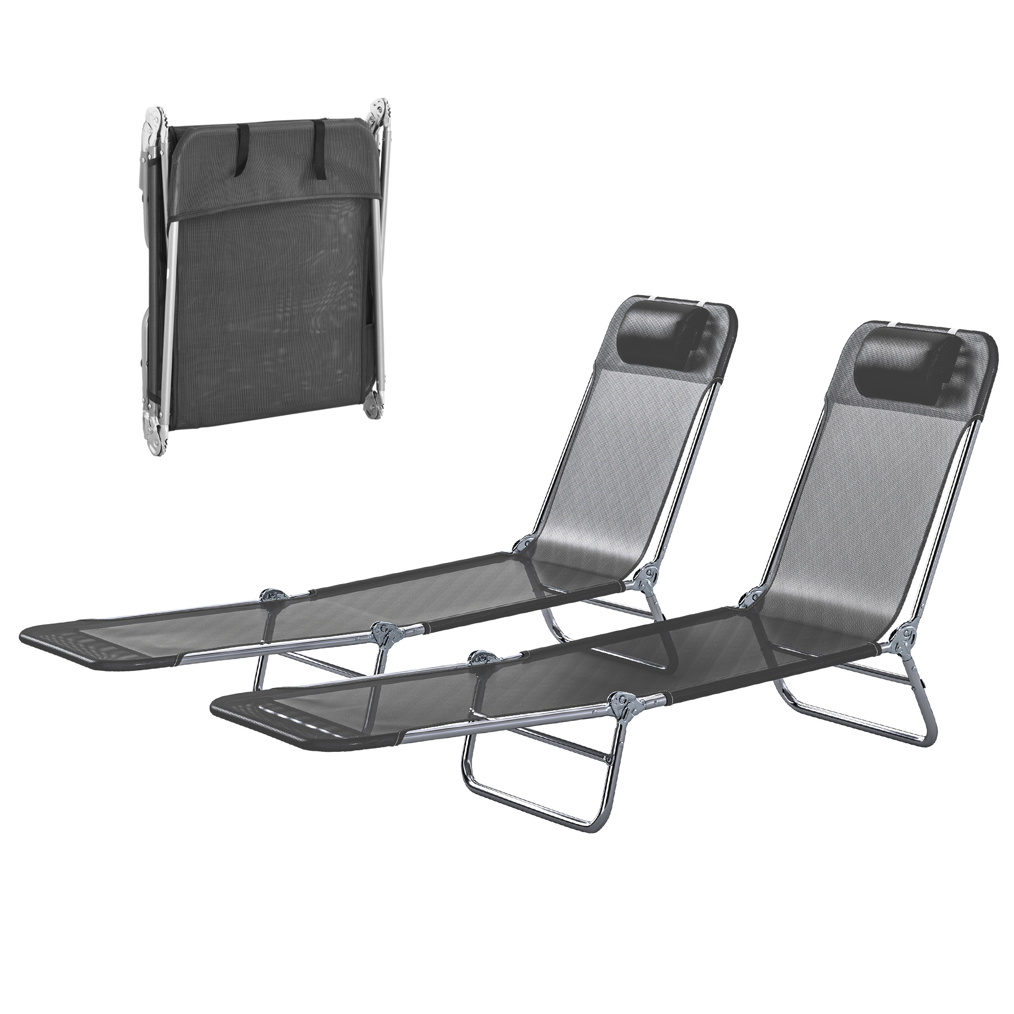 Outsunny 2 Piece Sun Loungers, Folding Chaise Lounge Chairs with Reclining Back, Breathable Mesh Seat, Headrest, Black