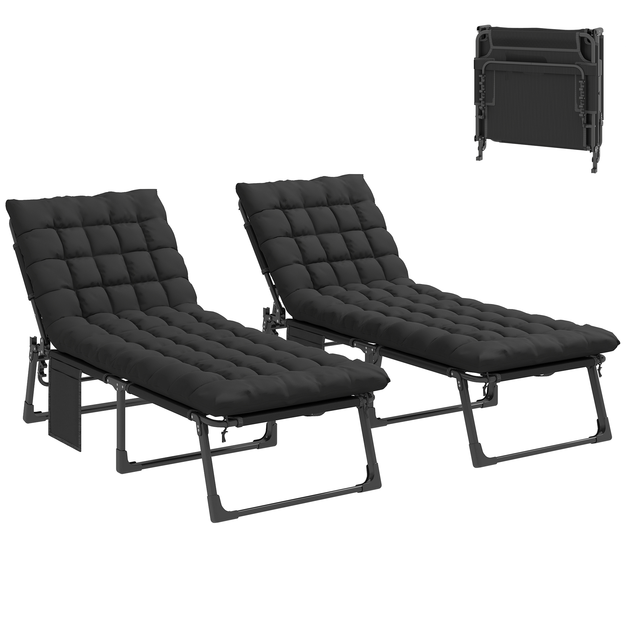 Outsunny Folding Chaise Lounge Chair Outdoor Tanning Chair Set of 2 with 5-Position Backrest, Cushions, Side Pocket, Black