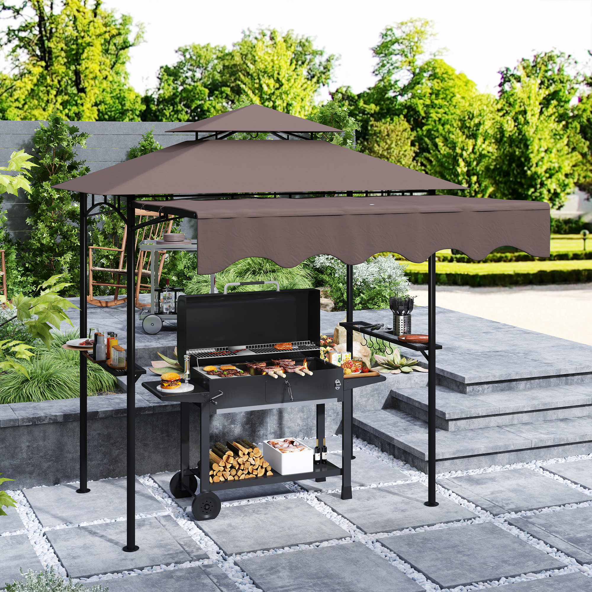 Outsunny 8' x 5' Grill Gazebo, Double Tiered Barbecue Grill Gazebo Shelter with Side Awning, 2 Side Shelves, 6 Hooks, Brown | Aosom Canada
