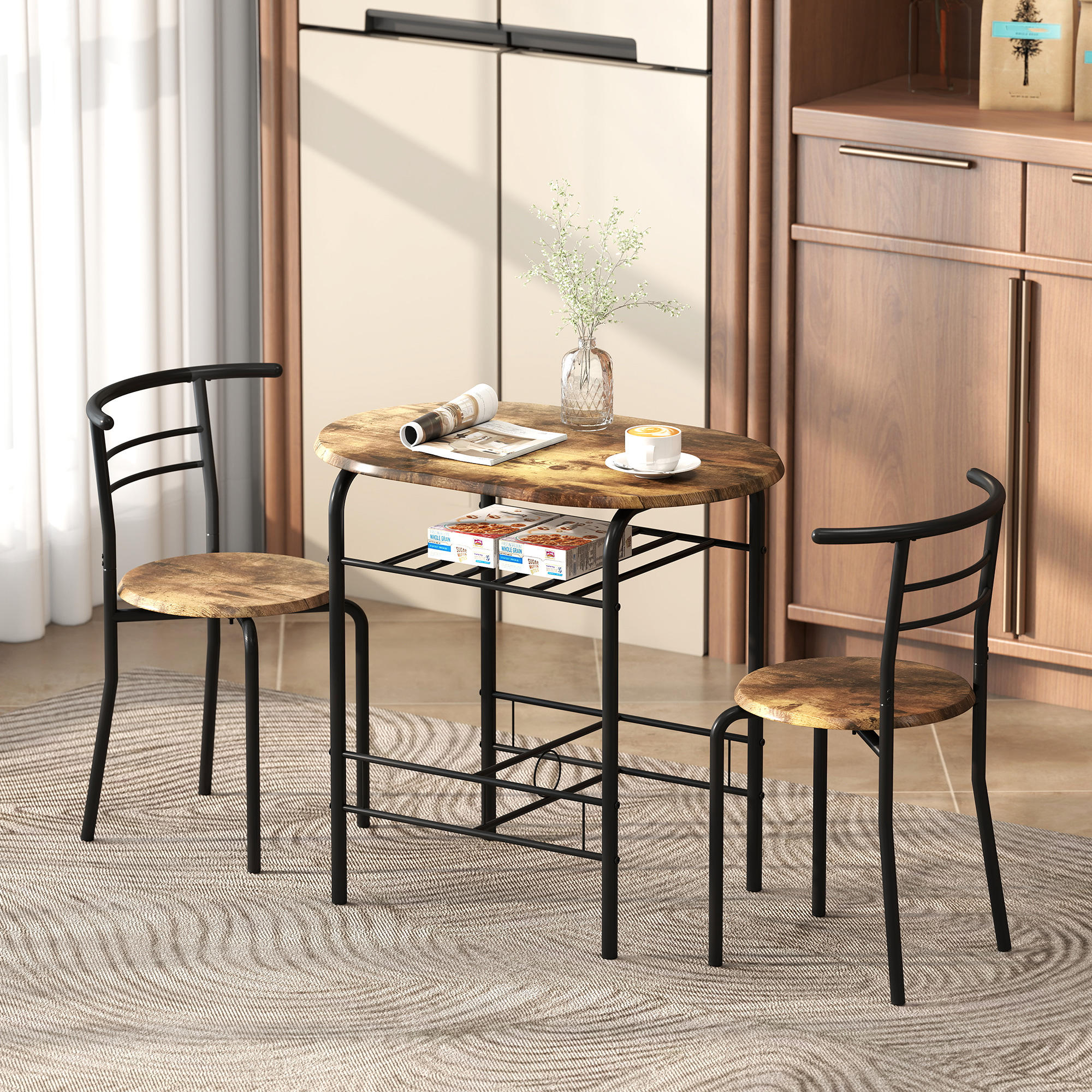 HOMCOM Dining Table Set of 3, Kitchen Table and Chairs Set for 2 with Shelf, Living Room Rustic Brown Aosom Canada