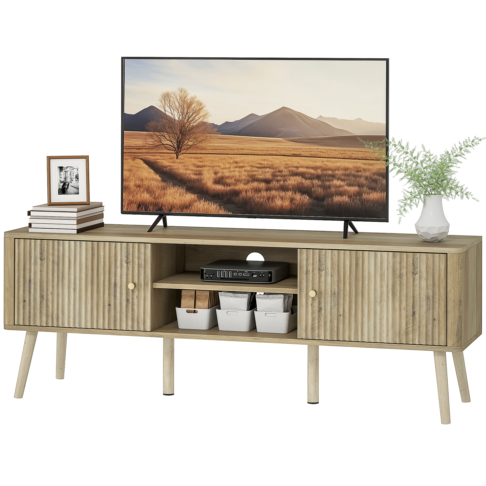 Entertainment Center with Adjustable-Height Shelves and Pine Wood Legs for Living Room, TV Stand for 65 Inch Television, Oak 1