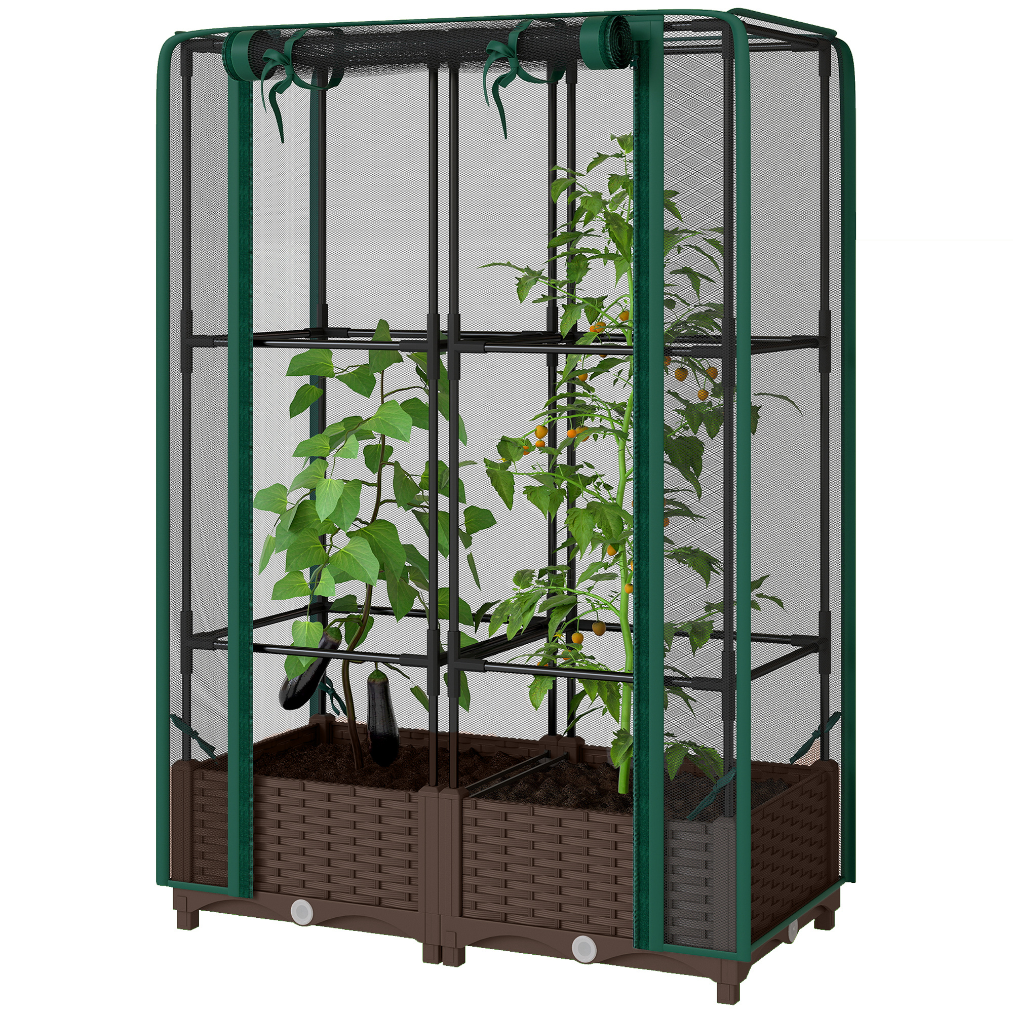 Outsunny Raised Garden Bed with Trellis, 46.5" Tomato Cage with Crop Cage, Self Watering Planter Box with Drainage Holes, Green