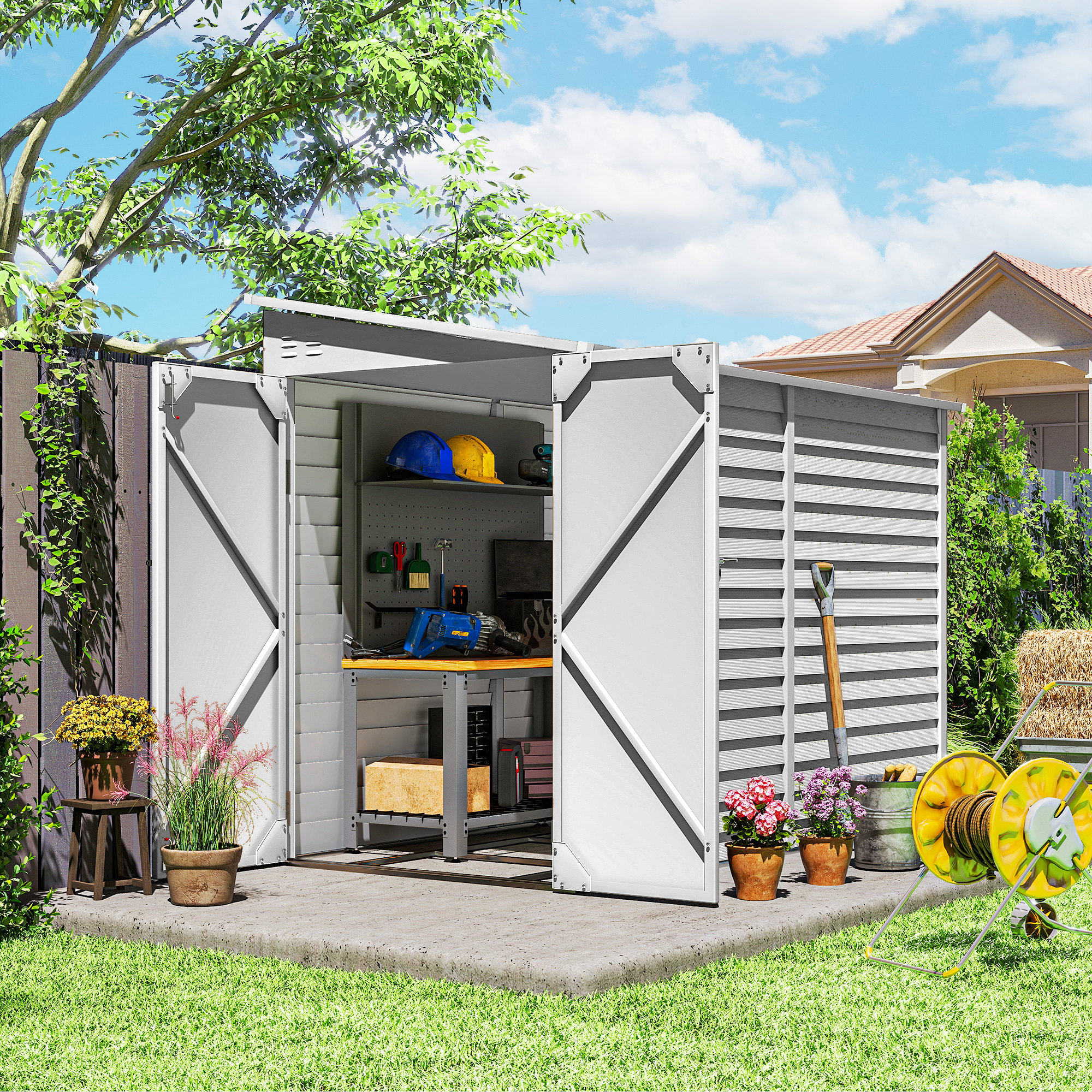 Outsunny 4.6' x 9' Steel Outdoor Storage Shed, Lean to Shed, Metal Tool House with Foundation Kit, Lockable Doors, Gloves and 2 Air Vents for Backyard, Patio, Lawn, White Aosom Canada