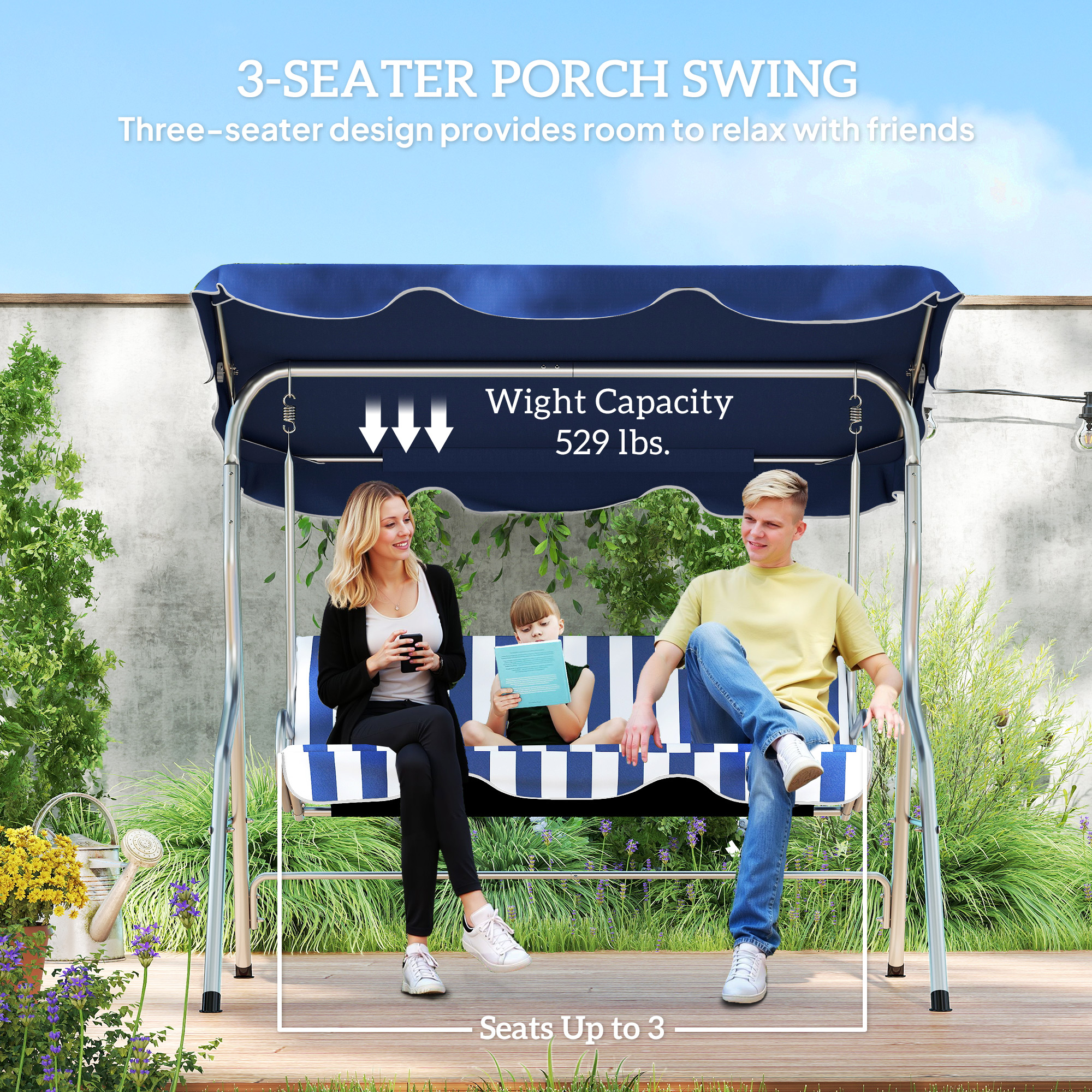 Outsunny 3-Person Patio Porch Swing with Adjustable Canopy for