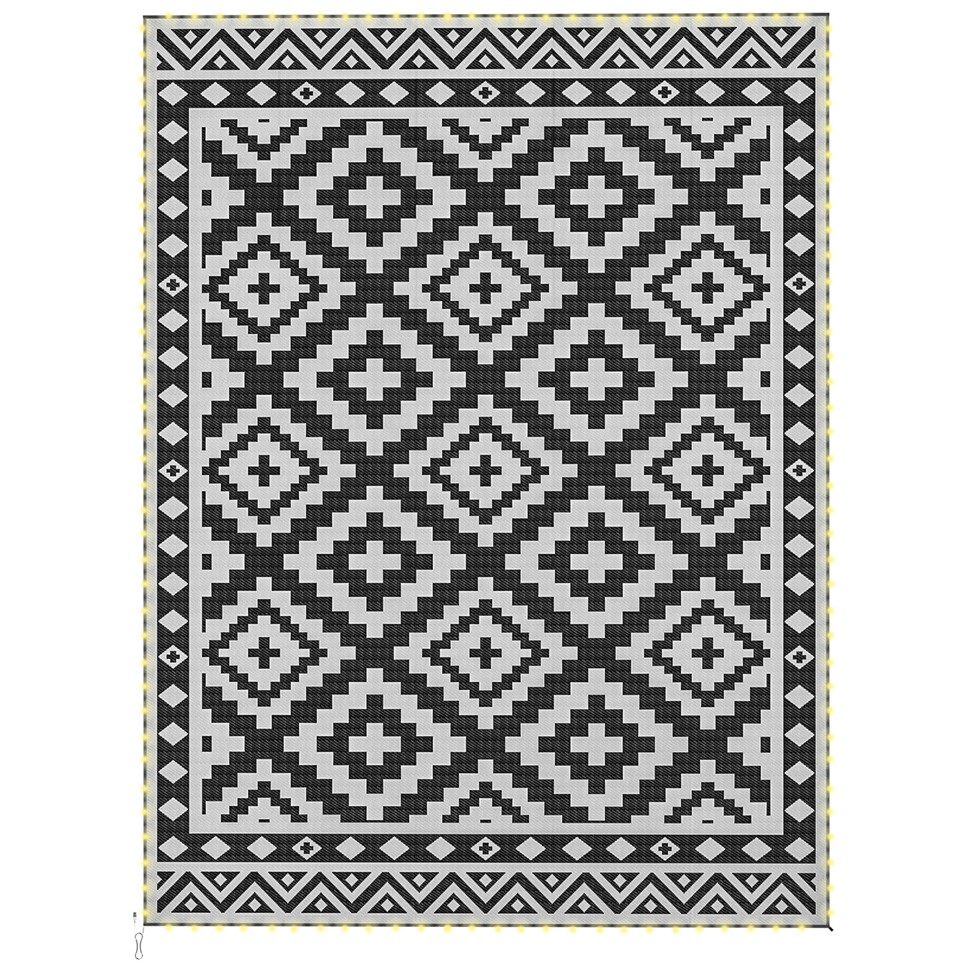 Outsunny Outdoor Rug Carpet Reversible Plastic Straw Rug with LED Lights Black and White 12' x 9' for Patio