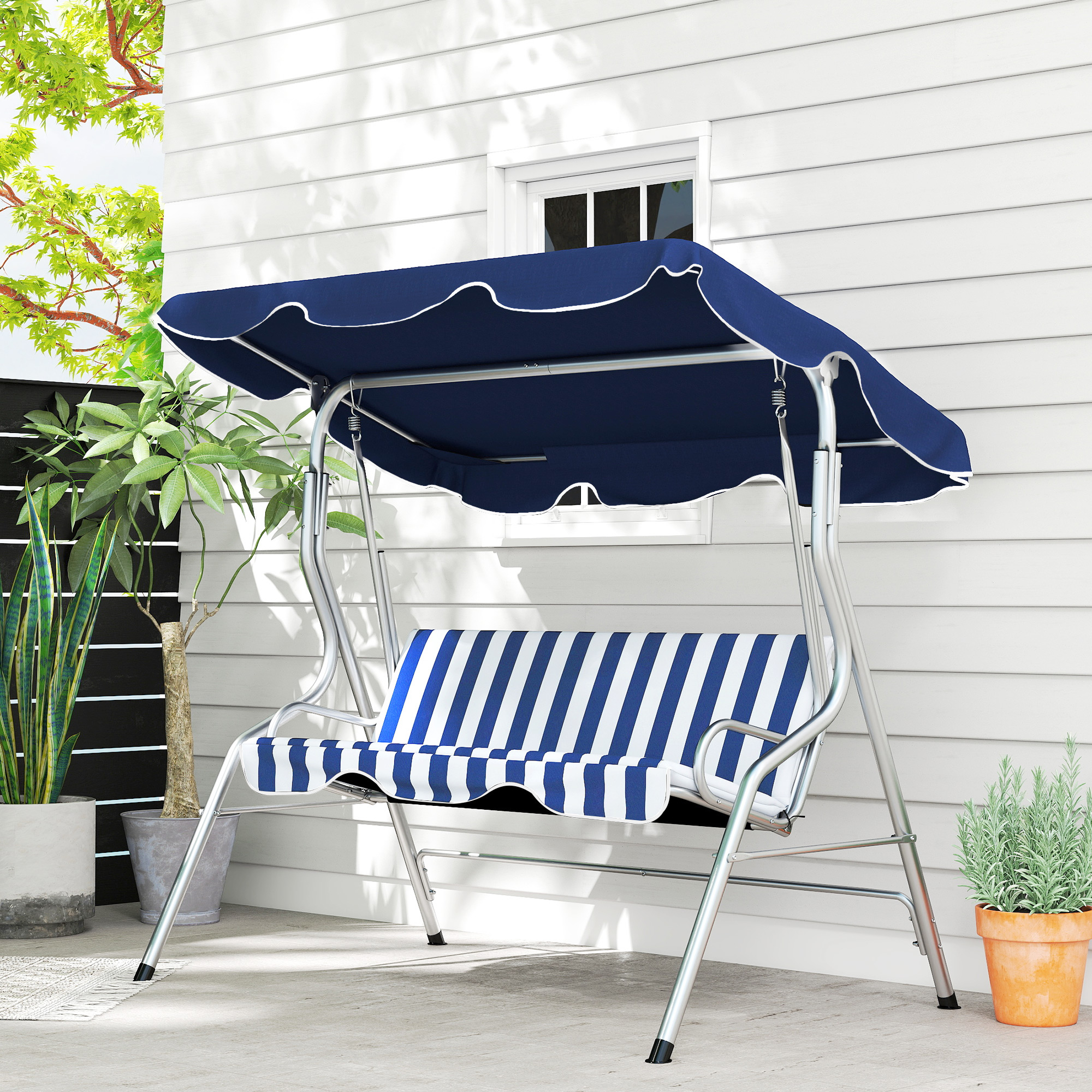 sunny　白 Outsunny 3-Person Patio Porch Swing with Adjustable Canopy for