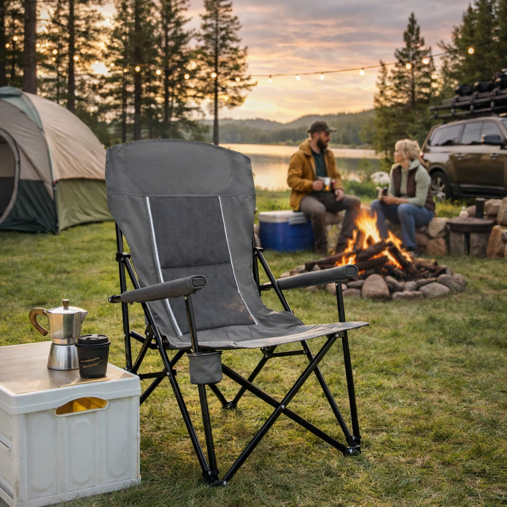 High Back Heavy Duty Lawn Chair with Cup Holder, Gray | Aosom.com