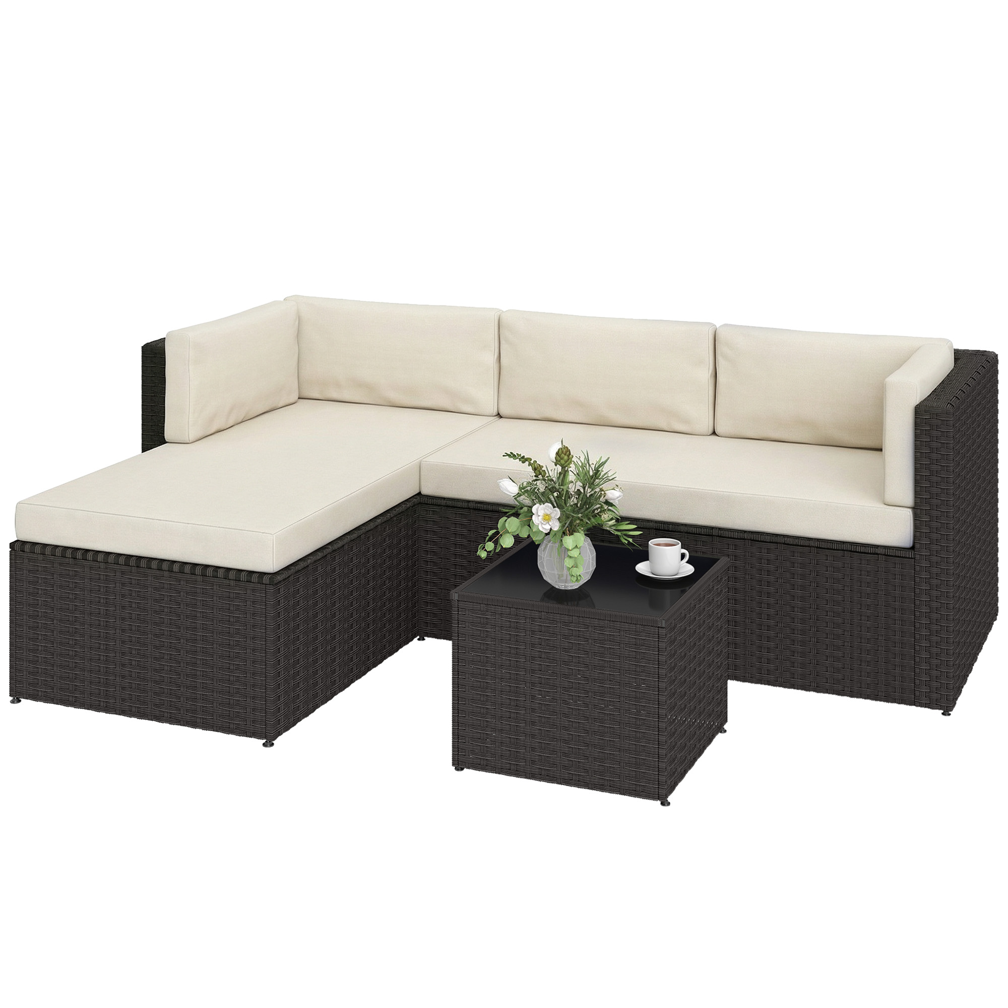 Outsunny 3 Piece Patio Furniture Set, Wicker Outdoor Patio Conversation Furniture Set with Cushions, Glass Top Table, Beige