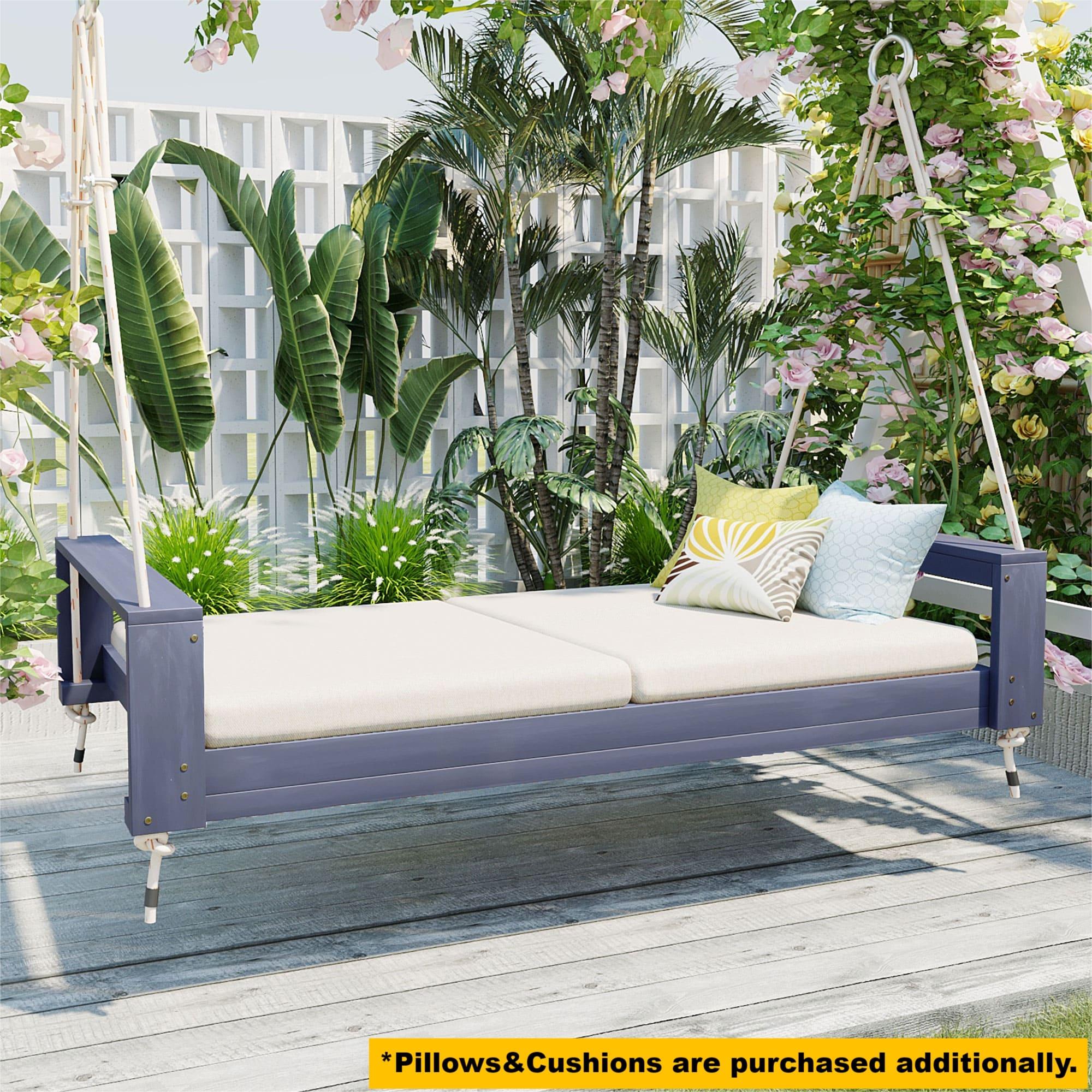 Twin Size Outdoor Porch Swing Bed with 400 LBS Capacity, Acacia Wood Swing Frame for Garden & Patio, 86'' L x 41.5'' W x 17.5'' H, Gray