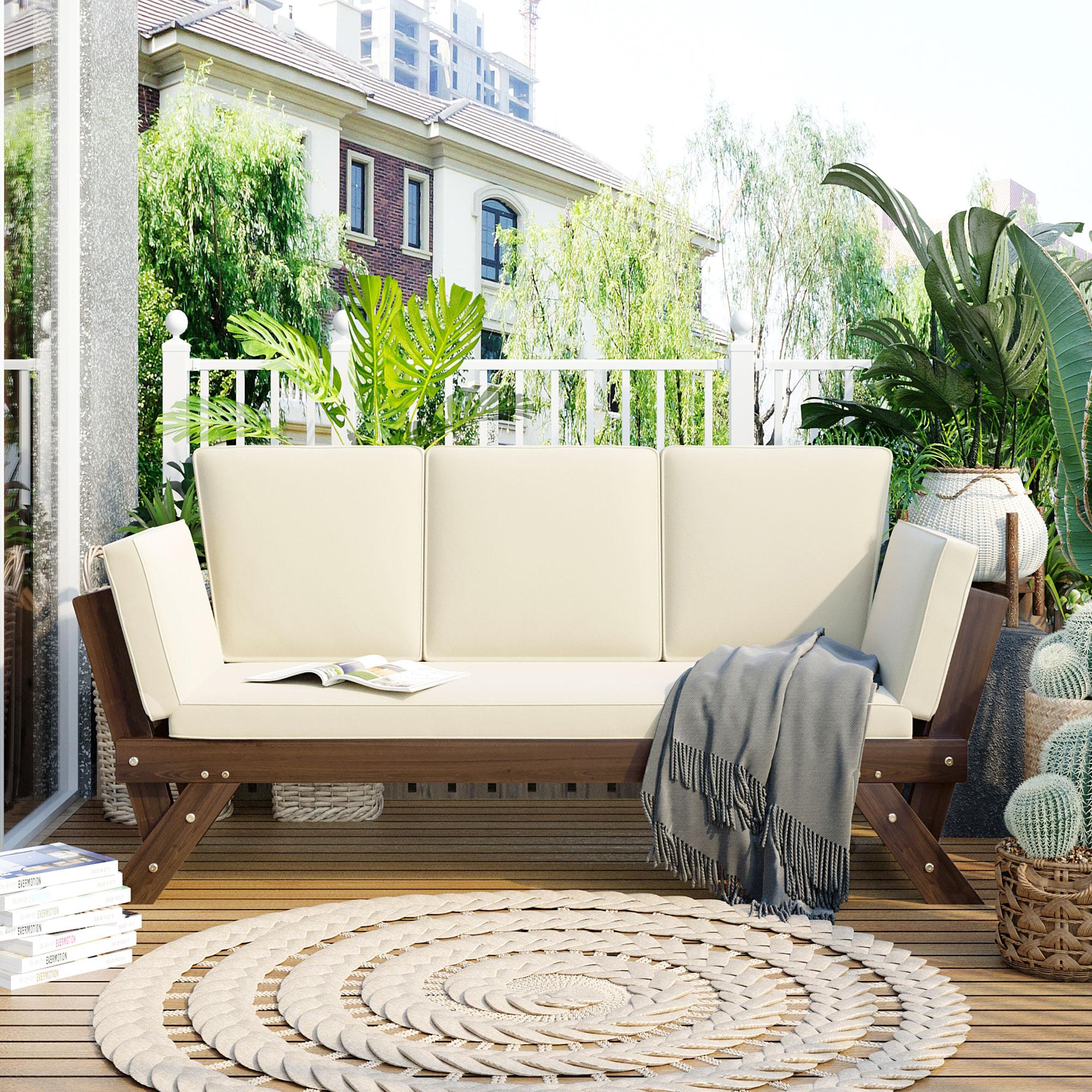 Expandable Acacia Wood Daybed with Cushions, Adjustable Patio Chaise Lounge for Compact Space, 78.5" L x 21.5" W x 32" H, Beige