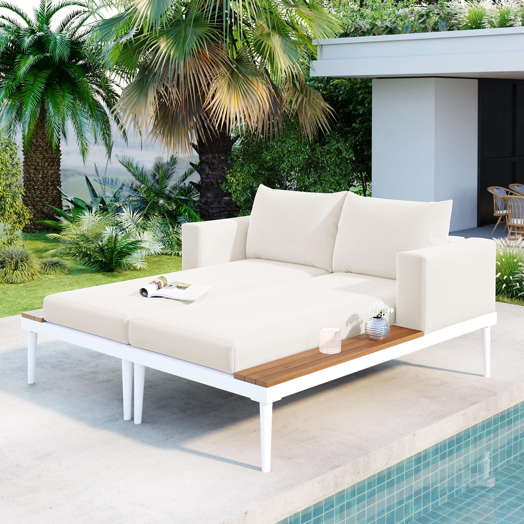 2 In 1 Outdoor Daybed with Wood Side Table for Patio, Convertible Padded Chaise Lounge with Adjustable Leg, 59" L x 55" W x 21" H, Beige