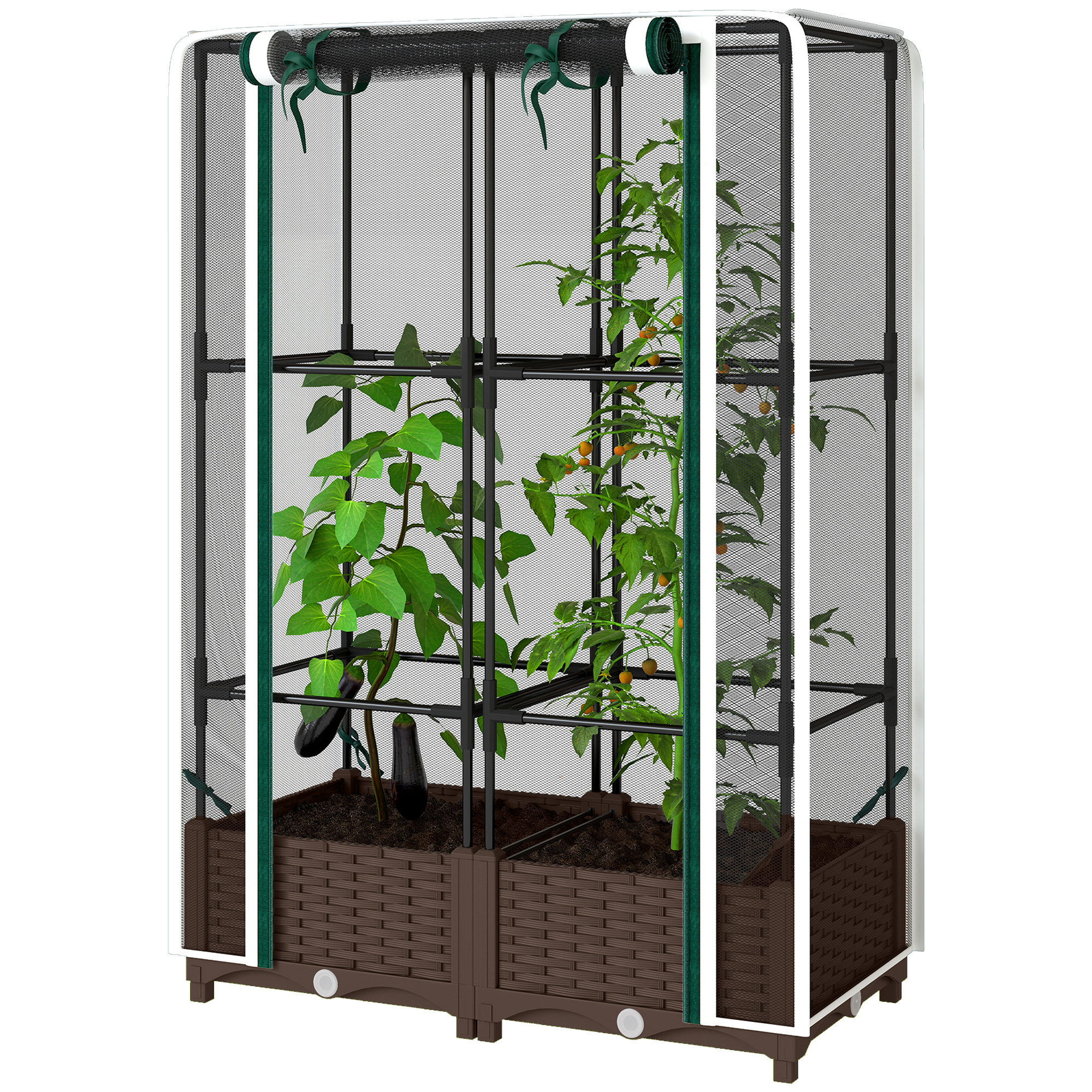 Outsunny Raised Garden Bed with Trellis, 46.5" Tomato Cage with Crop Cage, Self Watering Planter Box with Drainage Holes, White