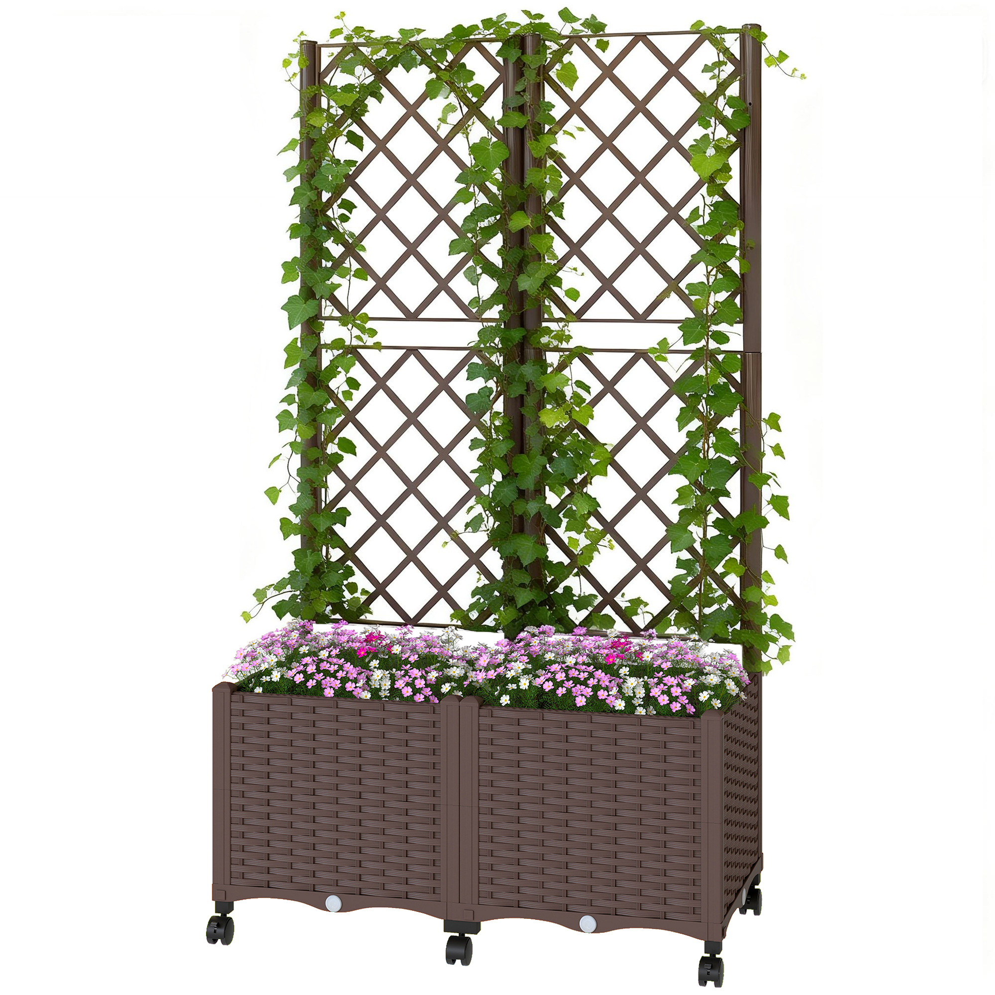 Outsunny Planter Box with Trellis, Self Watering Raised Garden Bed with Lockable Wheels and Drainage Holes, Brown