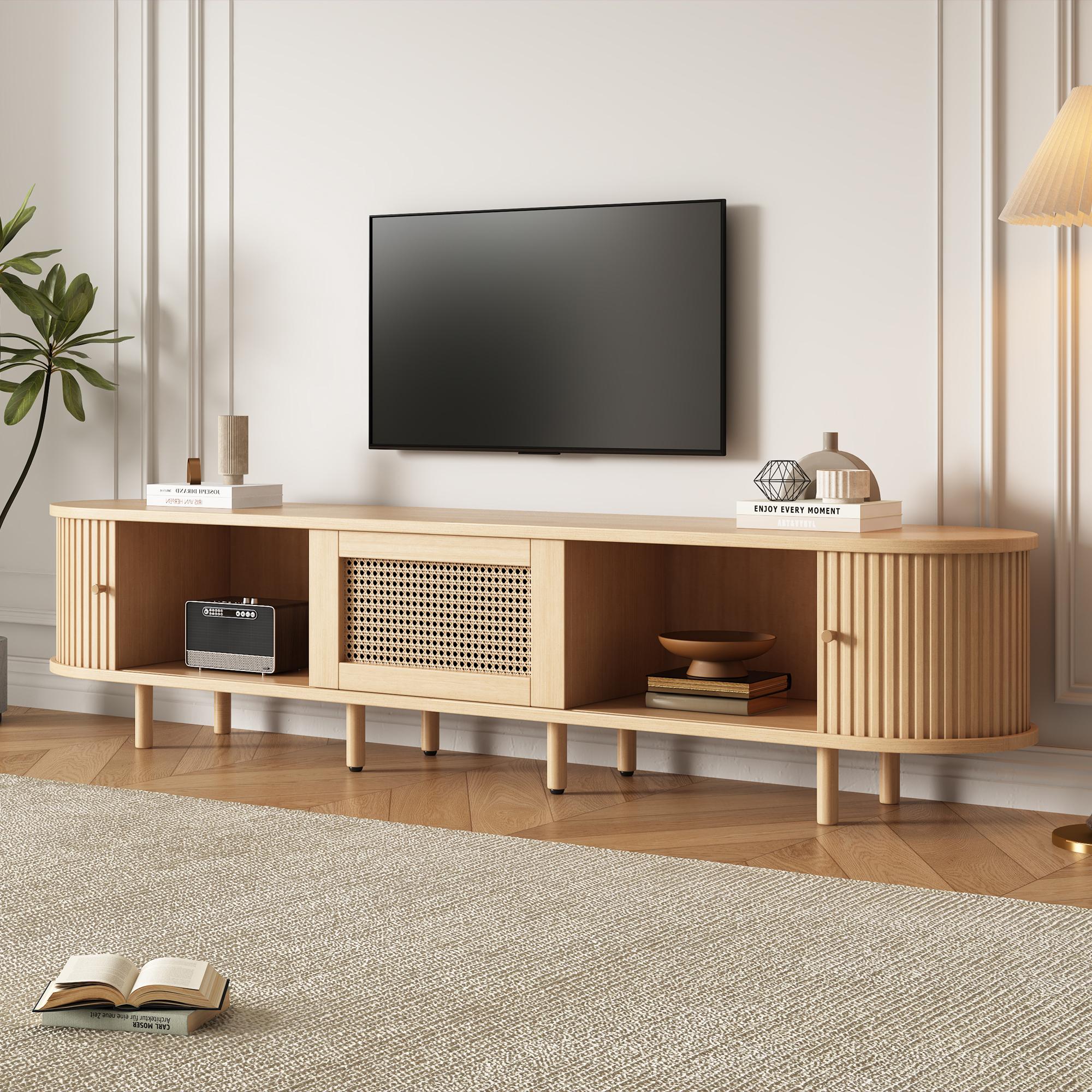 Oval TV Stand with Rattan Drawer and Sliding Doors, Compact Media Console with Adjustable Feet, 71'' L x 15.5'' W x 15.5'' H, Light Oak | Aosom Canada