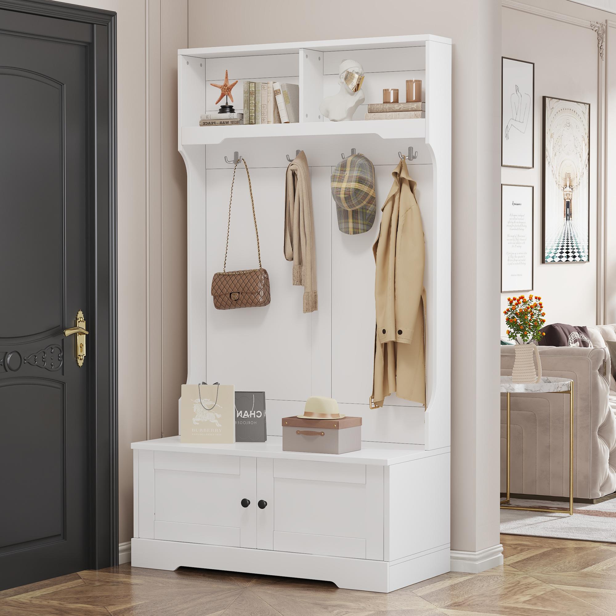 Space‑Saving Coat Rack with 4 Hooks and Top Open Shelf, Multifunctional Cabinet for Compact Homes, 40'' L x 18.5'' W x 72'' H, White | Aosom Canada