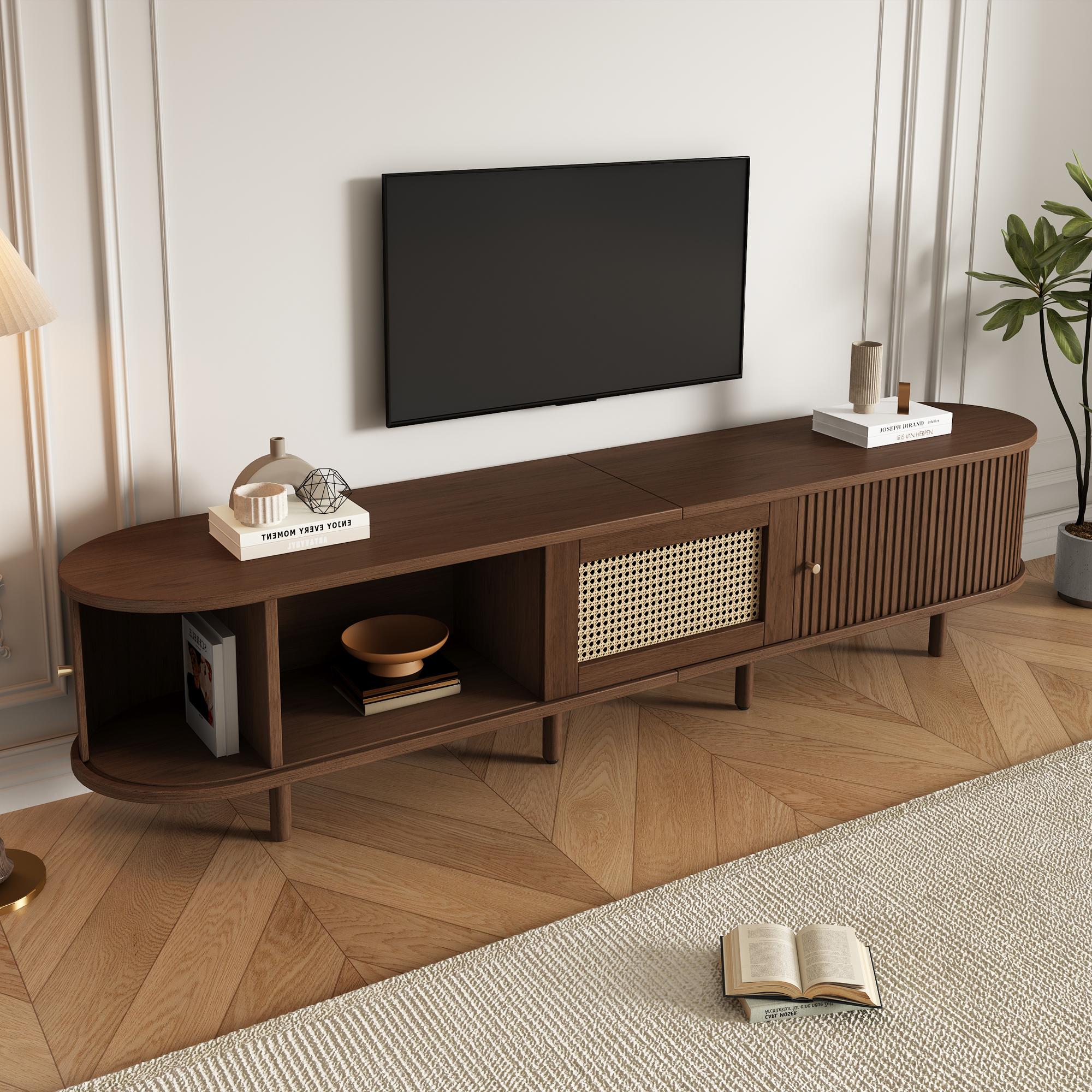 Stylish TV Stand with Rattan Drawer and Sliding Doors, Oval Media Console with Space-Saving Top, 71'' L x 15.5'' W x 15.5'' H, Dark Oak | Aosom Canada