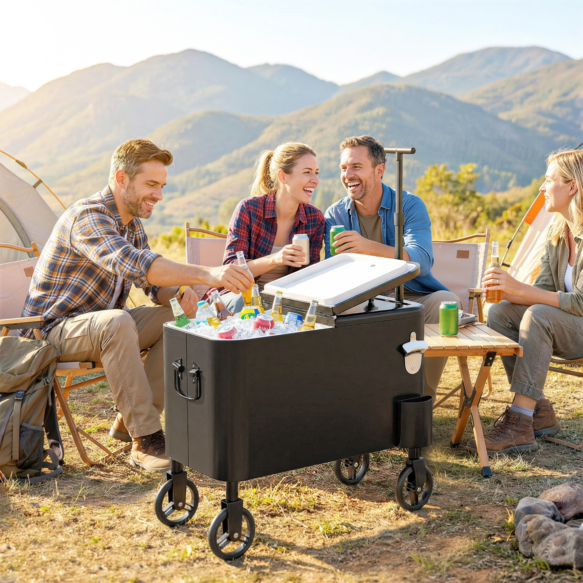 Outsunny 60-Qt Outdoor Patio Cooler Cart, Rolling Ice Chest with Adjustable Handle, Wheels, Bottle Opener, Drainage, Black Aosom Canada