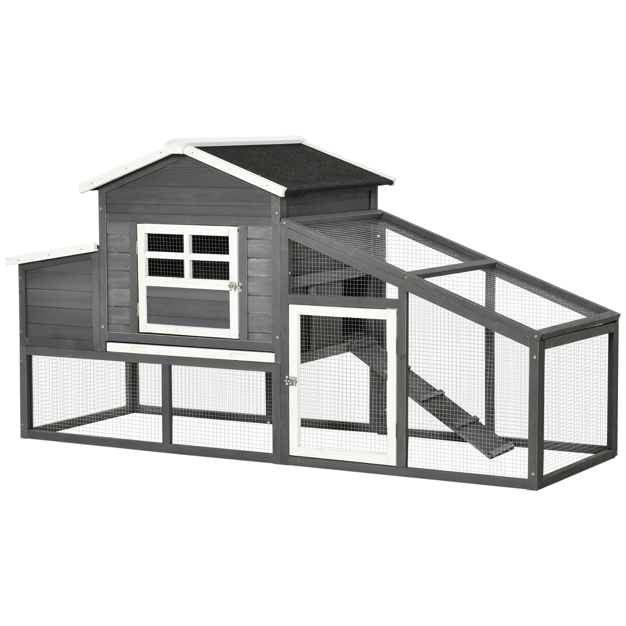 Outside Hen House, 79" Wooden Chicken Coop, Poultry Habitat with Removable Tray, Nesting Container, Run, Ramp, Grey 1