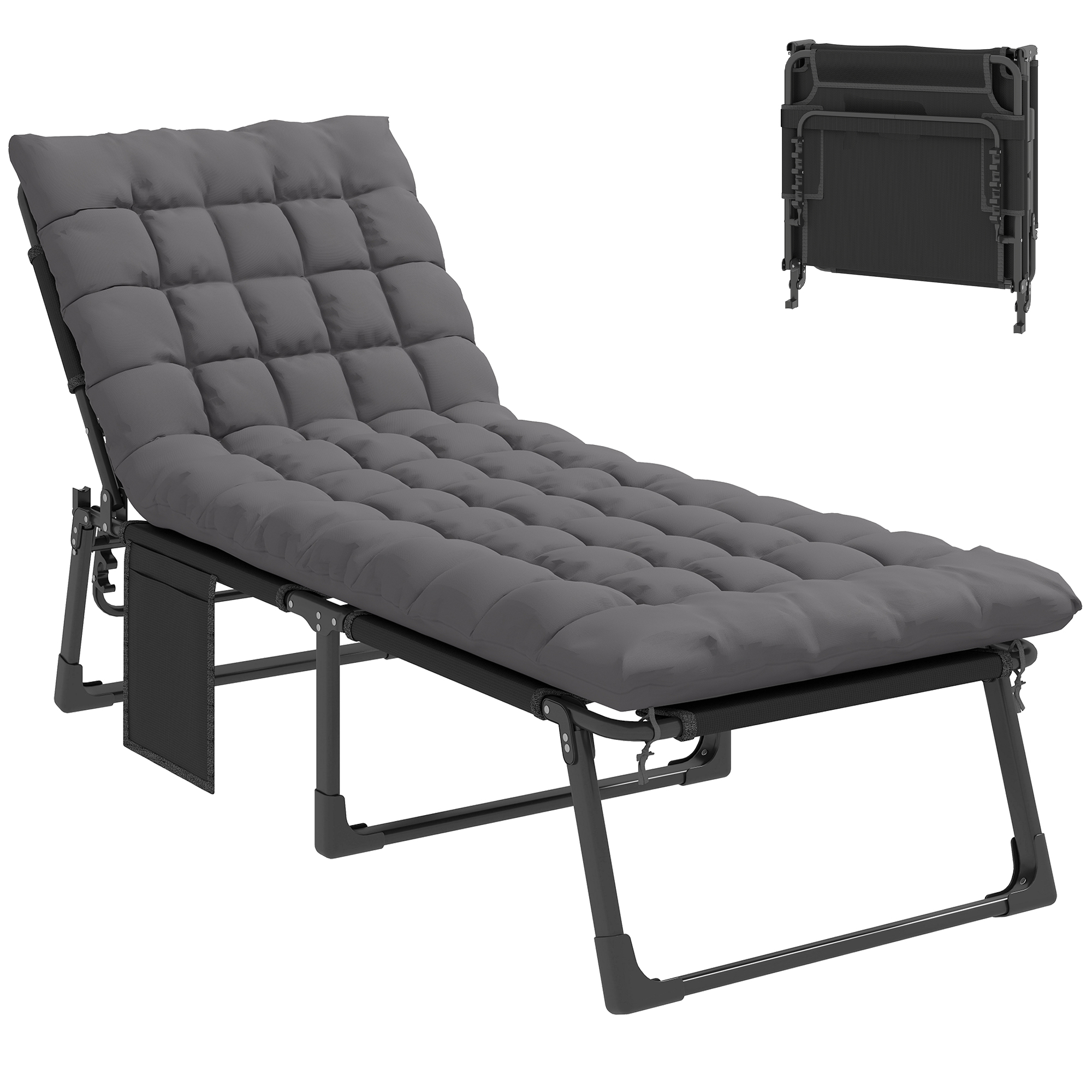 Outsunny Folding Chaise Lounge Chair Outdoor Tanning Chair with 5-Position Backrest, Cushion, Side Pocket, Dark Gray