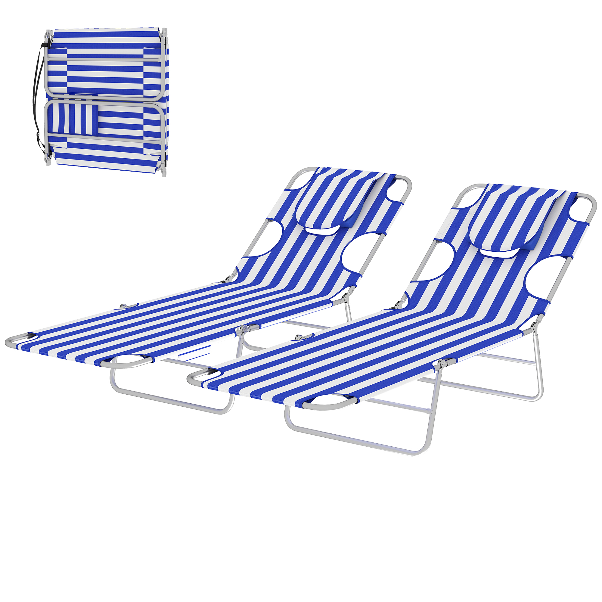 Outsunny 2 Tanning Chairs with Face Hole, 5-Level Adjustable Outdoor Chaise Lounge Chair with Pillow for Beach, Pool, Blue Stripe