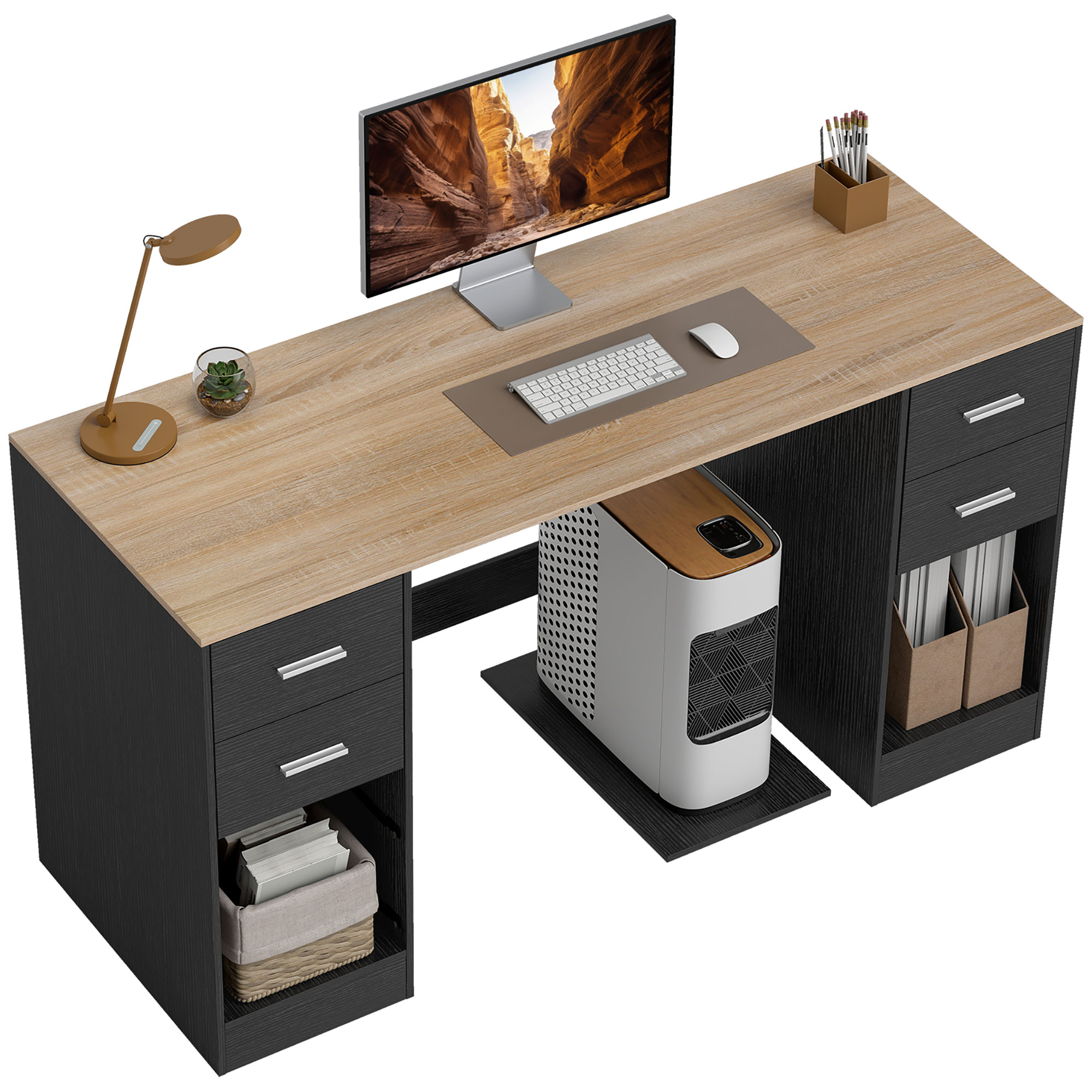 55" PC Work Table with 4 Reversible Drawers, Workspace Work Table, Rolling PC Stand, Adjustable-Height Shelving, Black Wood Grain 1
