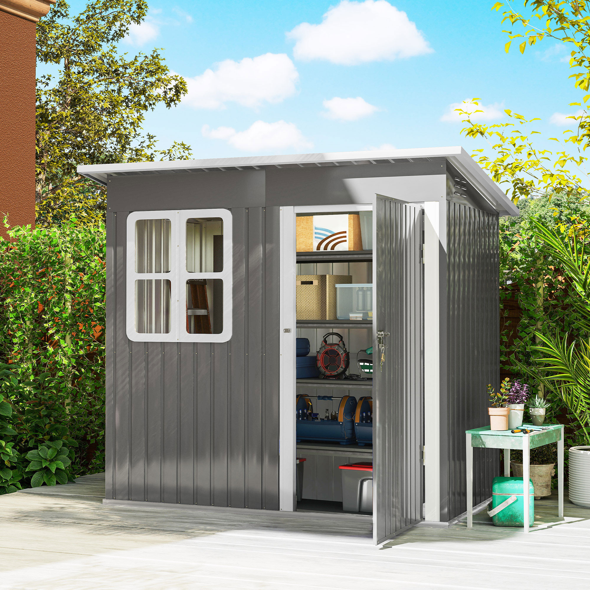 Outsunny 7' x 4' Galvanised Steel Outdoor Storage Shed, Garden