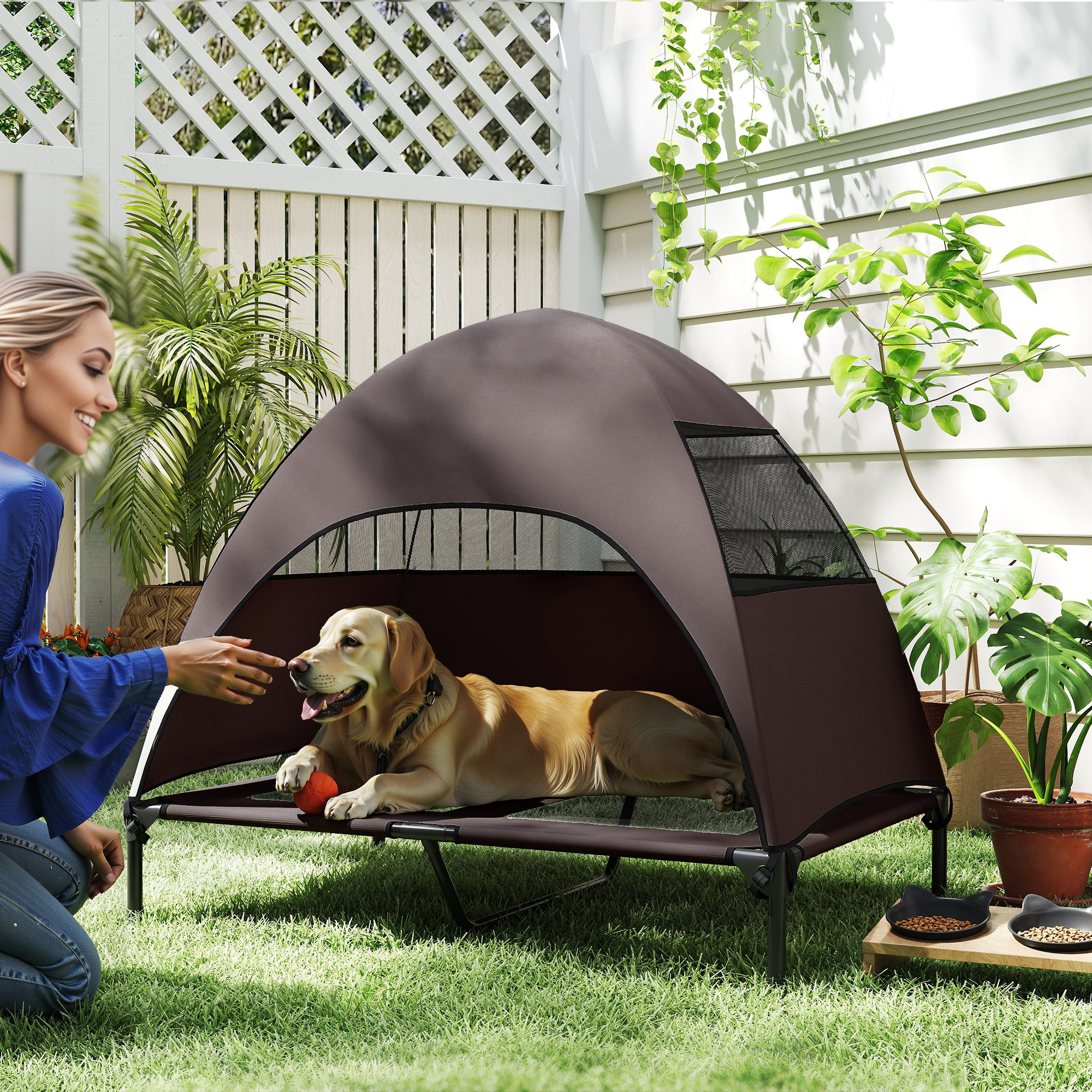 PawHut Lit surélevé pour chien avec auvent Lit surélevé pour chien Cadre en acier en maille lavable 41,7" x 29,9" x 39" Couleur Café