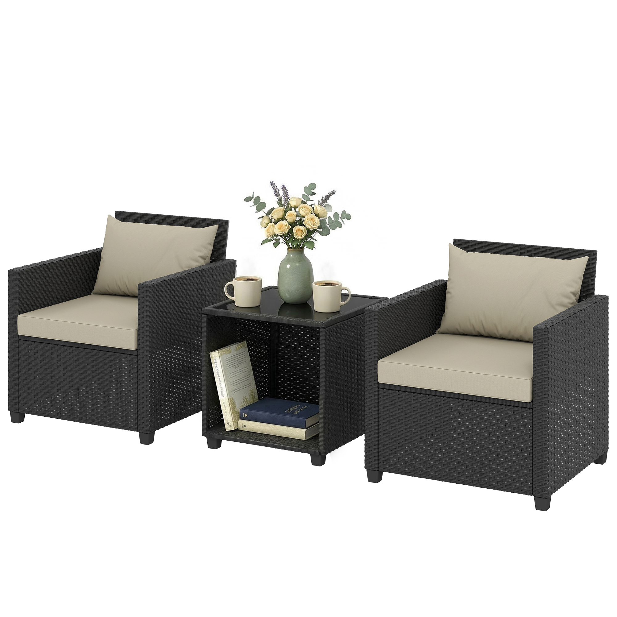 Outsunny 3 Piece Patio Bistro Set, Wicker Furniture Set with Thick Cushions, Glass Coffee Table and Chairs for Garden, Beige