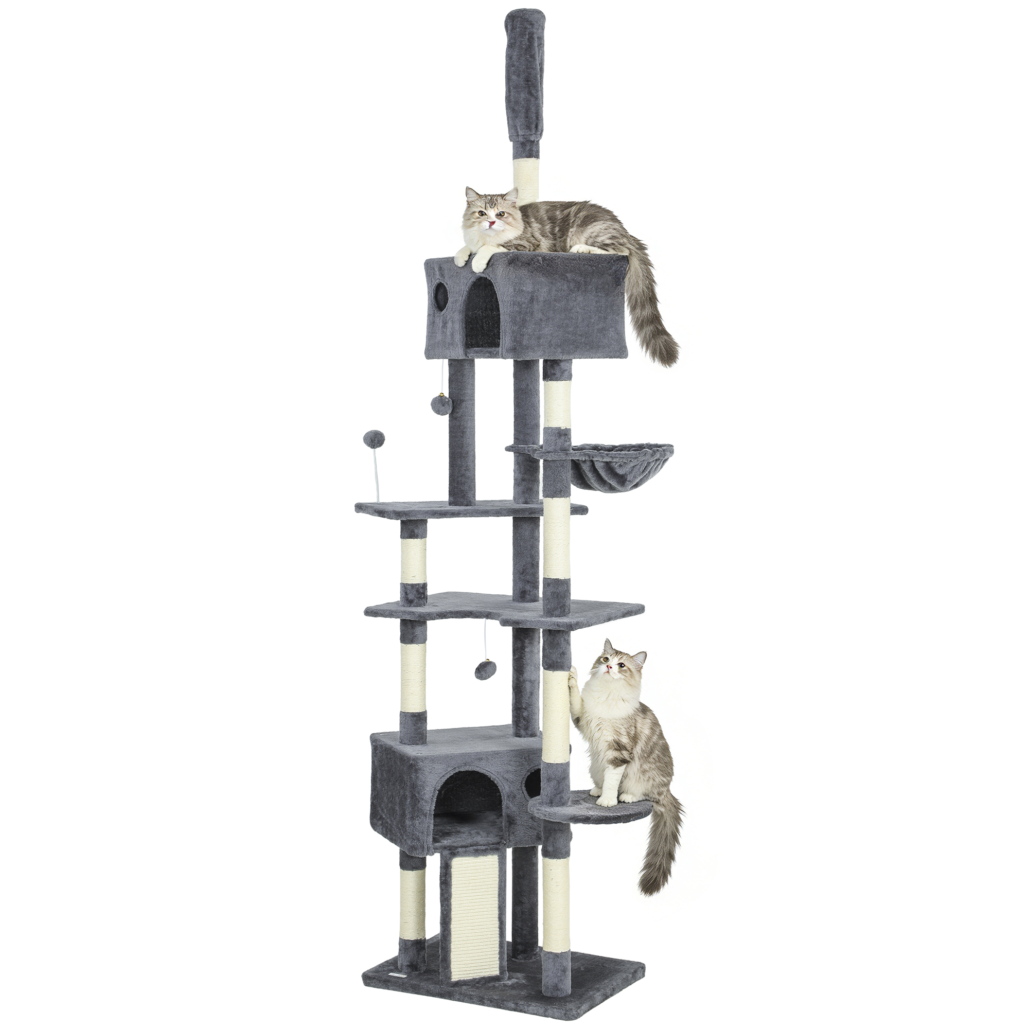 Hammock and Sisal Scratching Posts, 91"-98" Ground to Overhead Feline Tree with 2 Condos, for Inside, Dark Grey 1