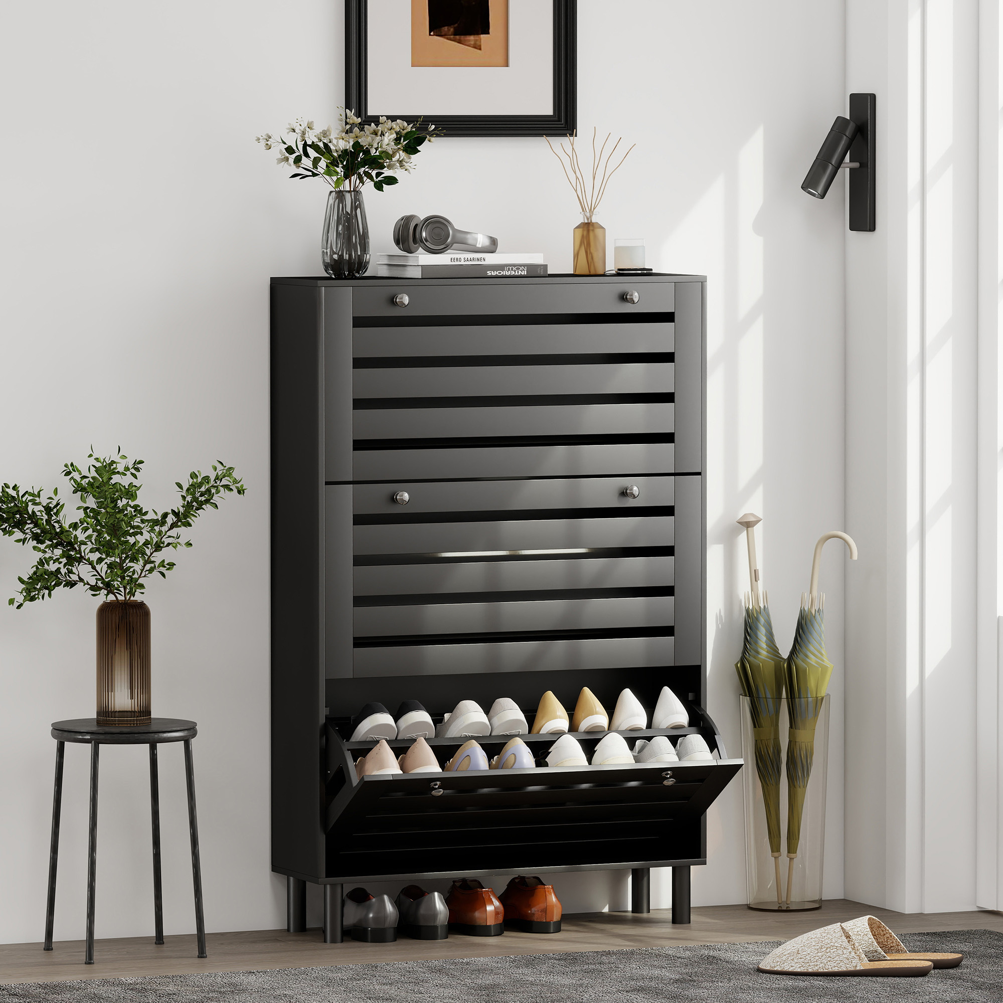 HOMCOM Narrow Shoe Storage Cabinet, 3 Flip Drawers, Adjustable
